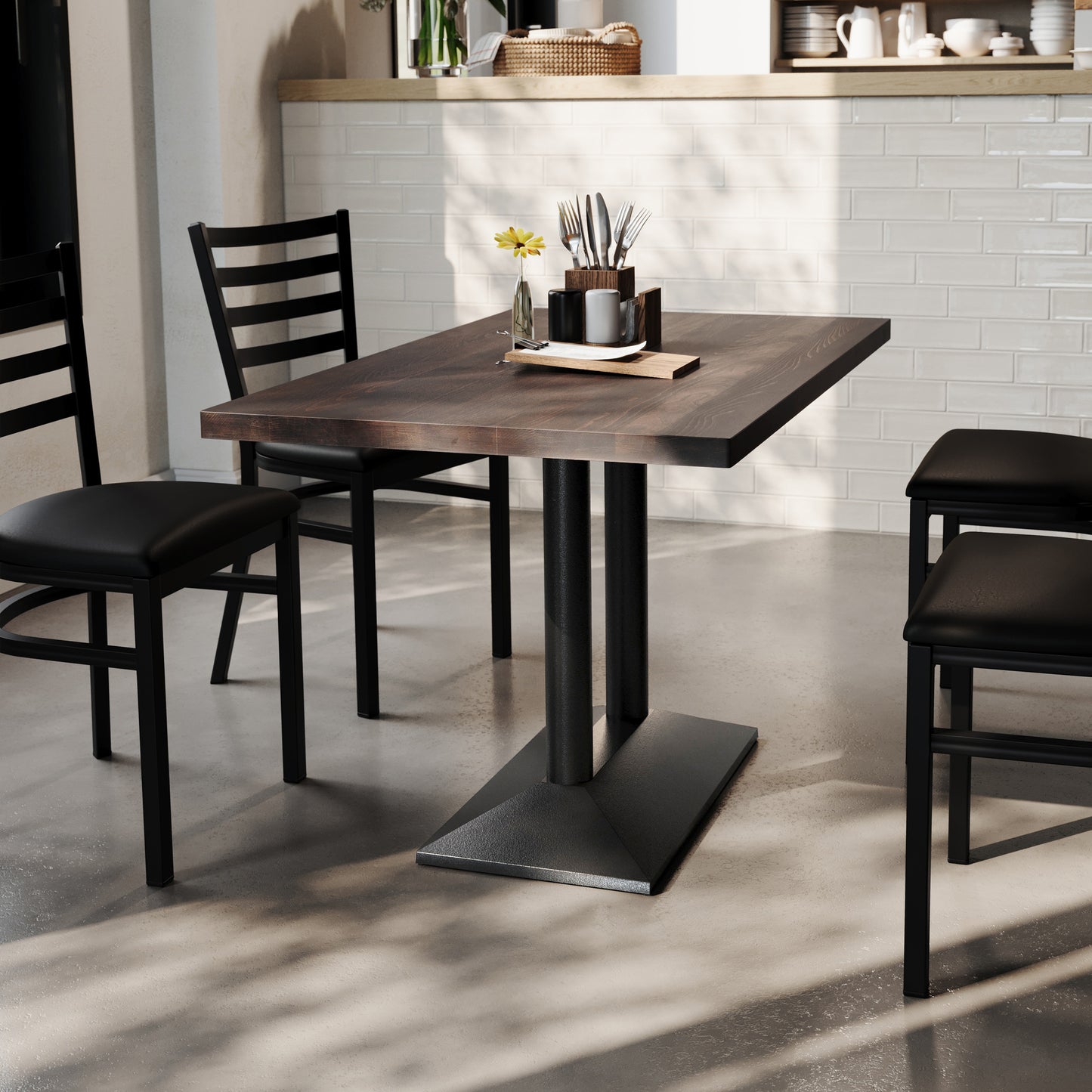Bennett 30" x 48" Solid Wood Indoor Tabletop in Dark Brown with 27" x 15" Black Double Column Dining Height Table Base Dark Brown Top/Black Base