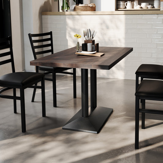 Bennett 30" x 48" Solid Wood Indoor Tabletop in Dark Brown with 27" x 15" Black Double Column Dining Height Table Base Dark Brown Top/Black Base