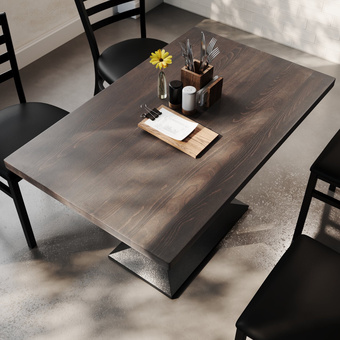 Bennett 30" x 48" Solid Wood Indoor Tabletop in Dark Brown with 27" x 15" Black Double Column Dining Height Table Base Dark Brown Top/Black Base