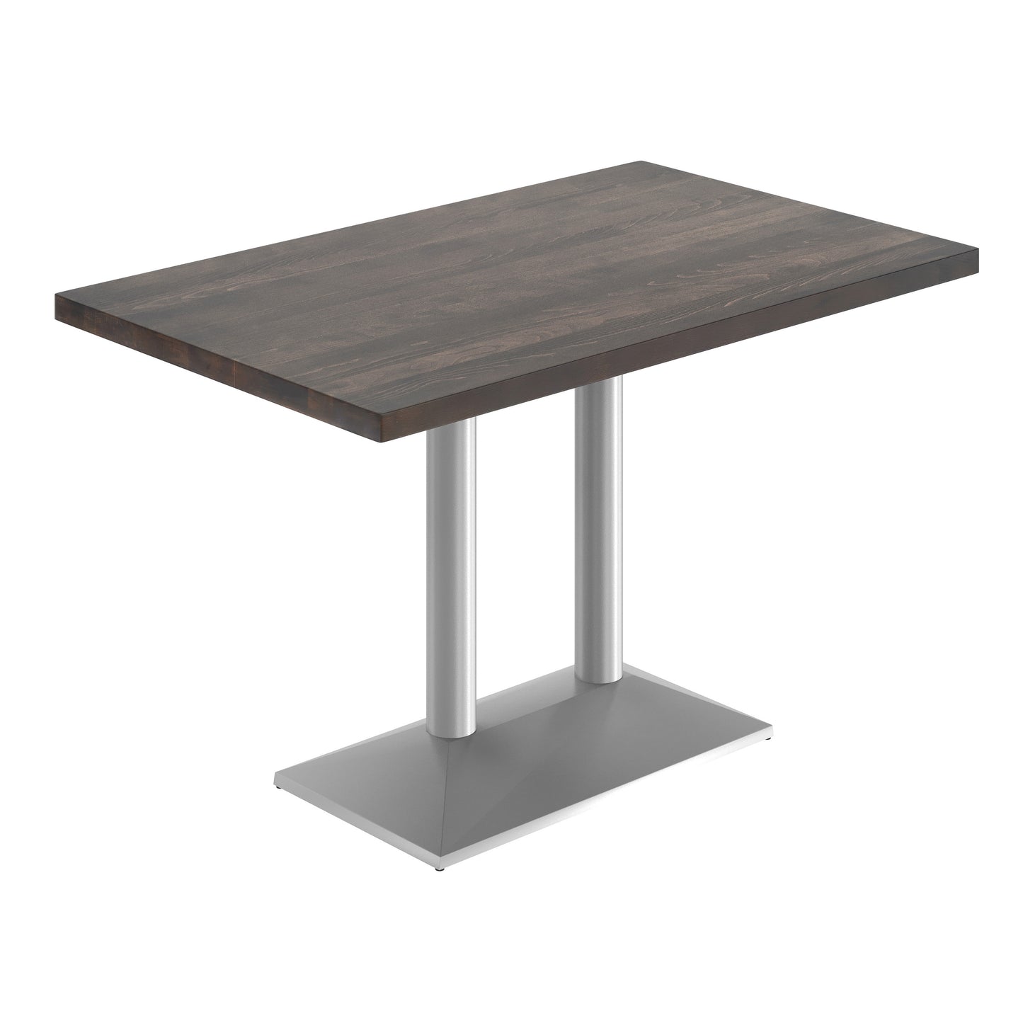 Bennett 30" x 48" Solid Wood Indoor Tabletop in Dark Brown with 27" x 15" Silver Double Column Dining Height Table Base Dark Brown Top/Silver Base