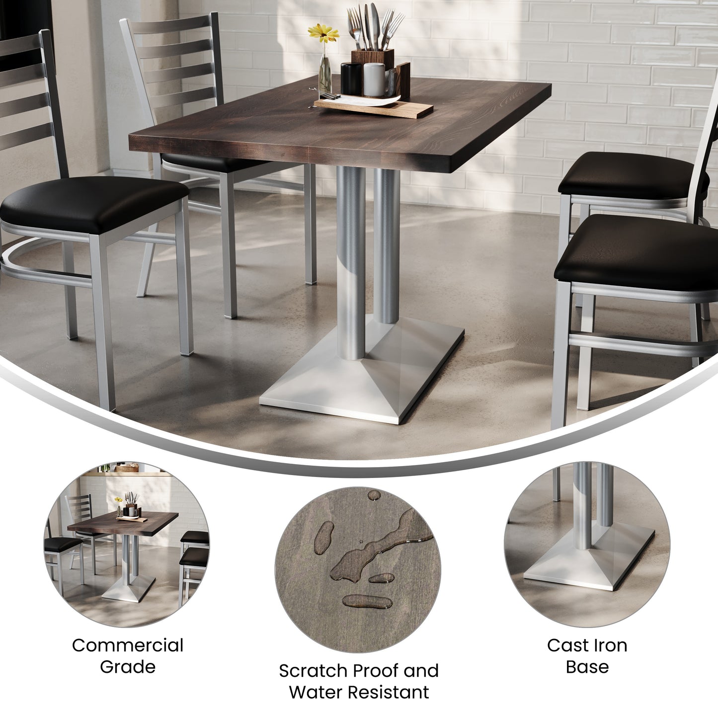Bennett 30" x 48" Solid Wood Indoor Tabletop in Dark Brown with 27" x 15" Silver Double Column Dining Height Table Base Dark Brown Top/Silver Base
