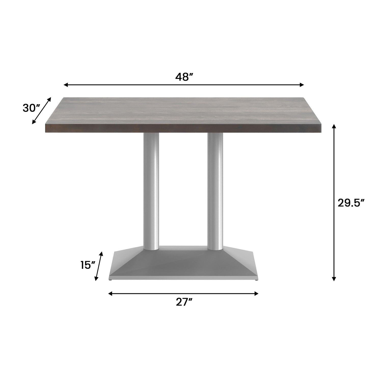 Bennett 30" x 48" Solid Wood Indoor Tabletop in Dark Brown with 27" x 15" Silver Double Column Dining Height Table Base Dark Brown Top/Silver Base
