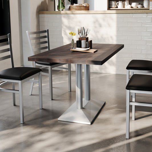 Bennett 30" x 48" Solid Wood Indoor Tabletop in Dark Brown with 27" x 15" Silver Double Column Dining Height Table Base Dark Brown Top/Silver Base