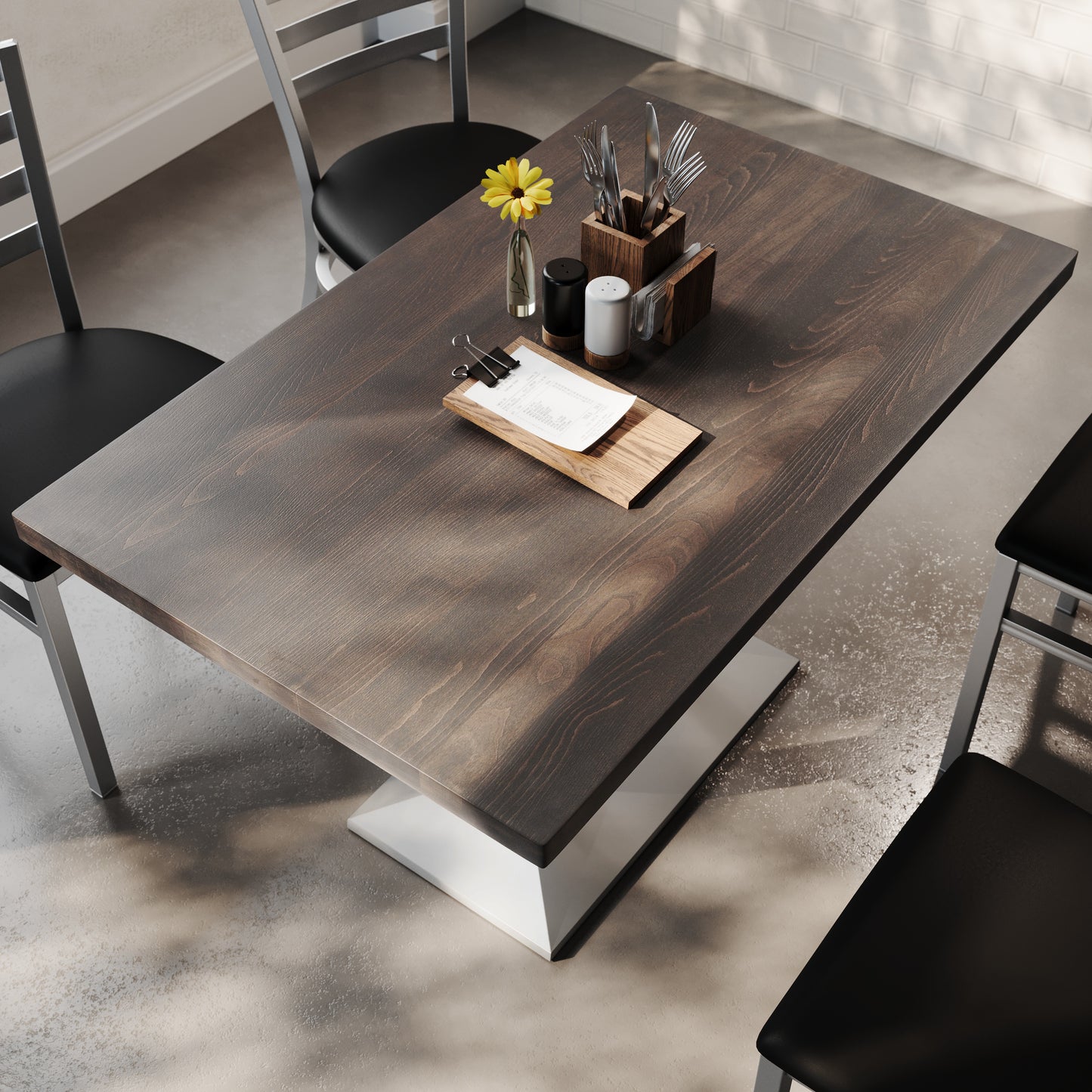 Bennett 30" x 48" Solid Wood Indoor Tabletop in Dark Brown with 27" x 15" Silver Double Column Dining Height Table Base Dark Brown Top/Silver Base