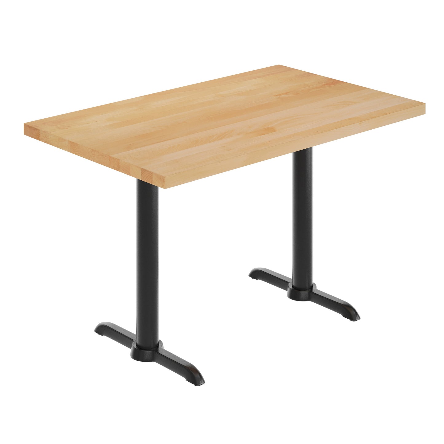 Bennett 30" x 48" Solid Wood Commercial Indoor Tabletop in Natural with Dual 5" x 22" Dining Height Rust-Resistant Black Cast Iron T-Bases Natural Top/Black Base