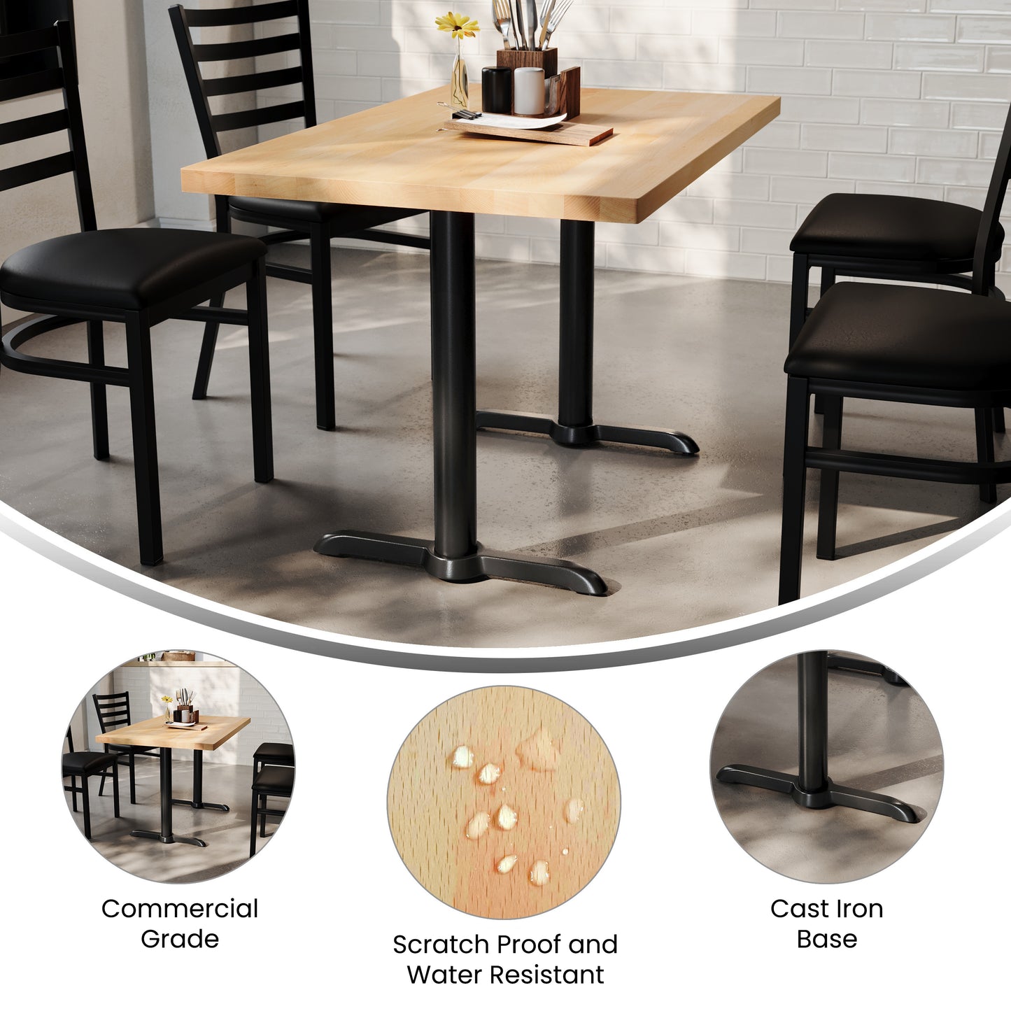 Bennett 30" x 48" Solid Wood Commercial Indoor Tabletop in Natural with Dual 5" x 22" Dining Height Rust-Resistant Black Cast Iron T-Bases Natural Top/Black Base
