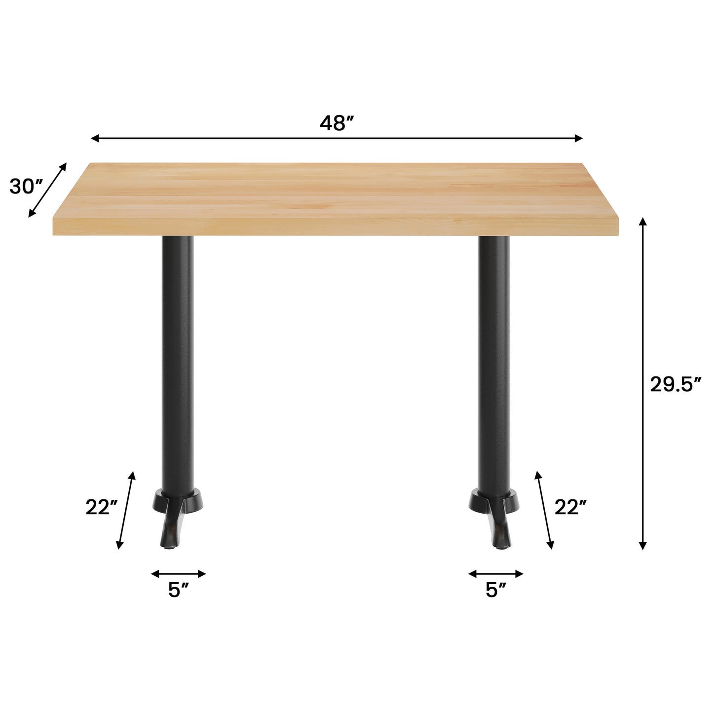 Bennett 30" x 48" Solid Wood Commercial Indoor Tabletop in Natural with Dual 5" x 22" Dining Height Rust-Resistant Black Cast Iron T-Bases Natural Top/Black Base