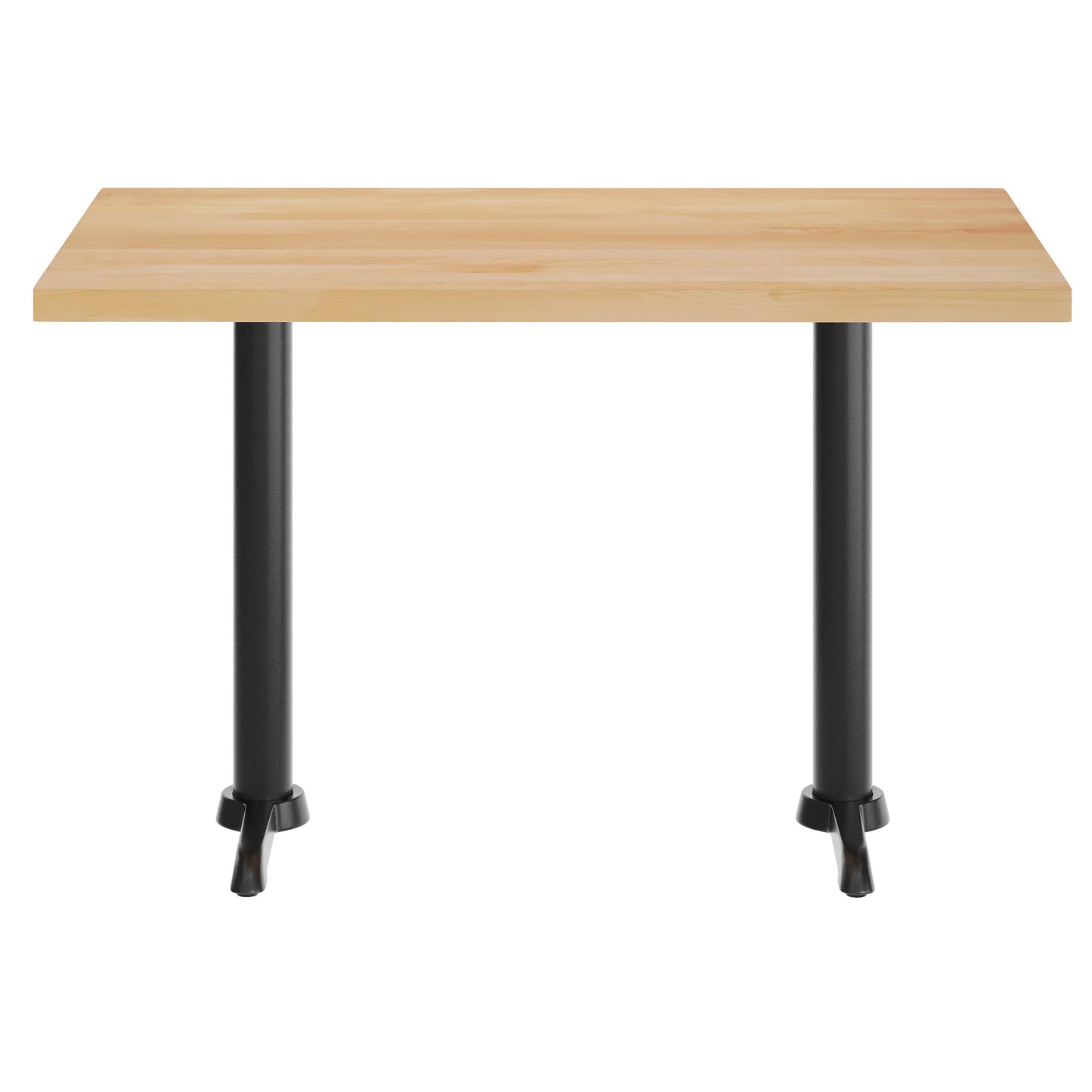 Bennett 30" x 48" Solid Wood Commercial Indoor Tabletop in Natural with Dual 5" x 22" Dining Height Rust-Resistant Black Cast Iron T-Bases Natural Top/Black Base