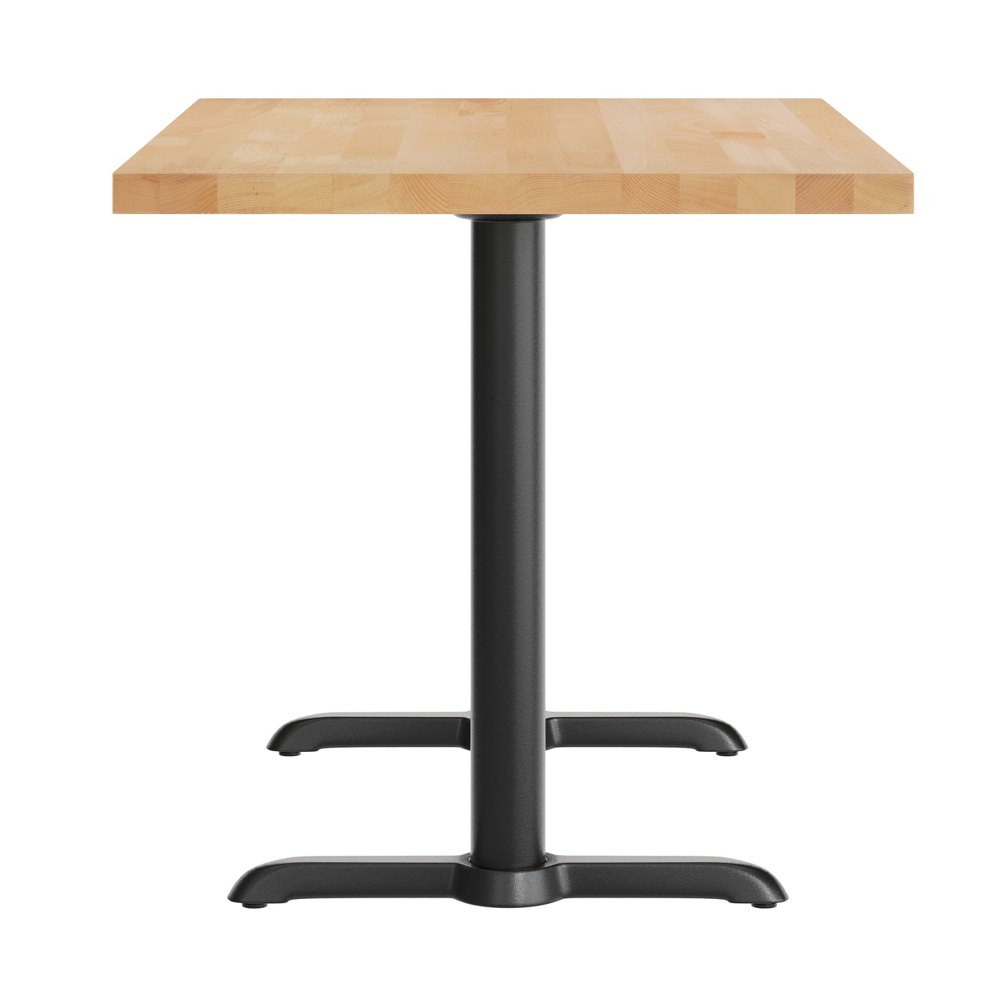Bennett 30" x 48" Solid Wood Commercial Indoor Tabletop in Natural with Dual 5" x 22" Dining Height Rust-Resistant Black Cast Iron T-Bases Natural Top/Black Base