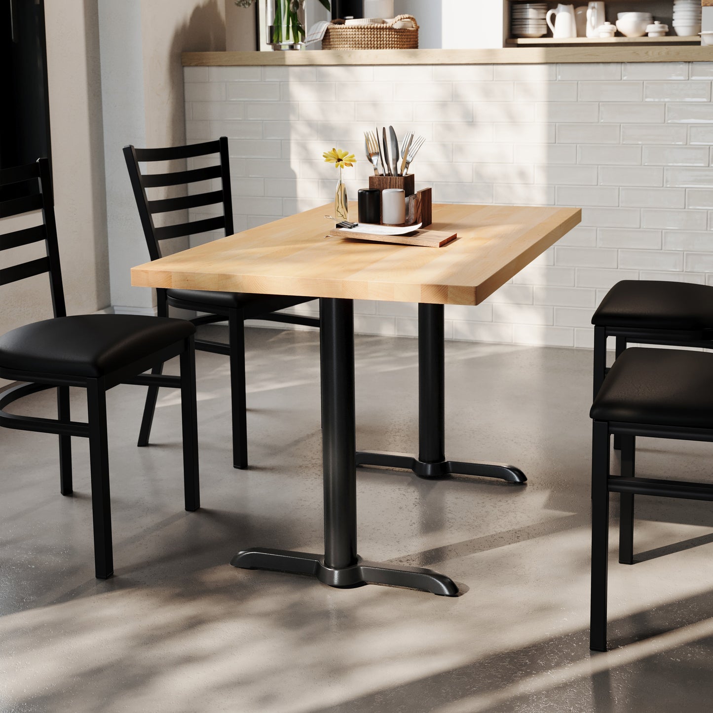 Bennett 30" x 48" Solid Wood Commercial Indoor Tabletop in Natural with Dual 5" x 22" Dining Height Rust-Resistant Black Cast Iron T-Bases Natural Top/Black Base