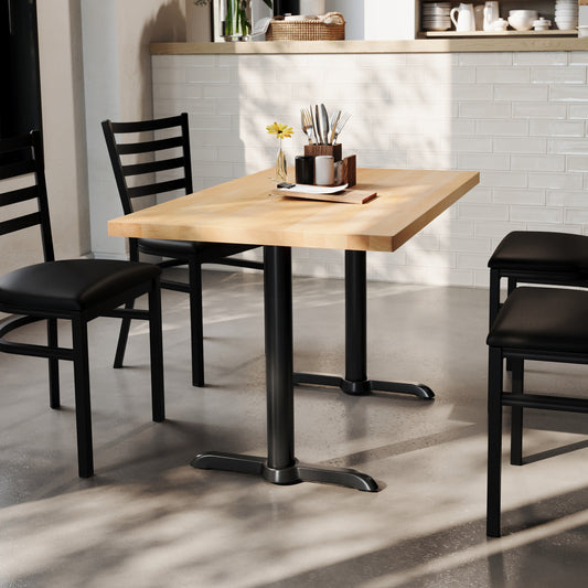 Bennett 30" x 48" Solid Wood Commercial Indoor Tabletop in Natural with Dual 5" x 22" Dining Height Rust-Resistant Black Cast Iron T-Bases Natural Top/Black Base