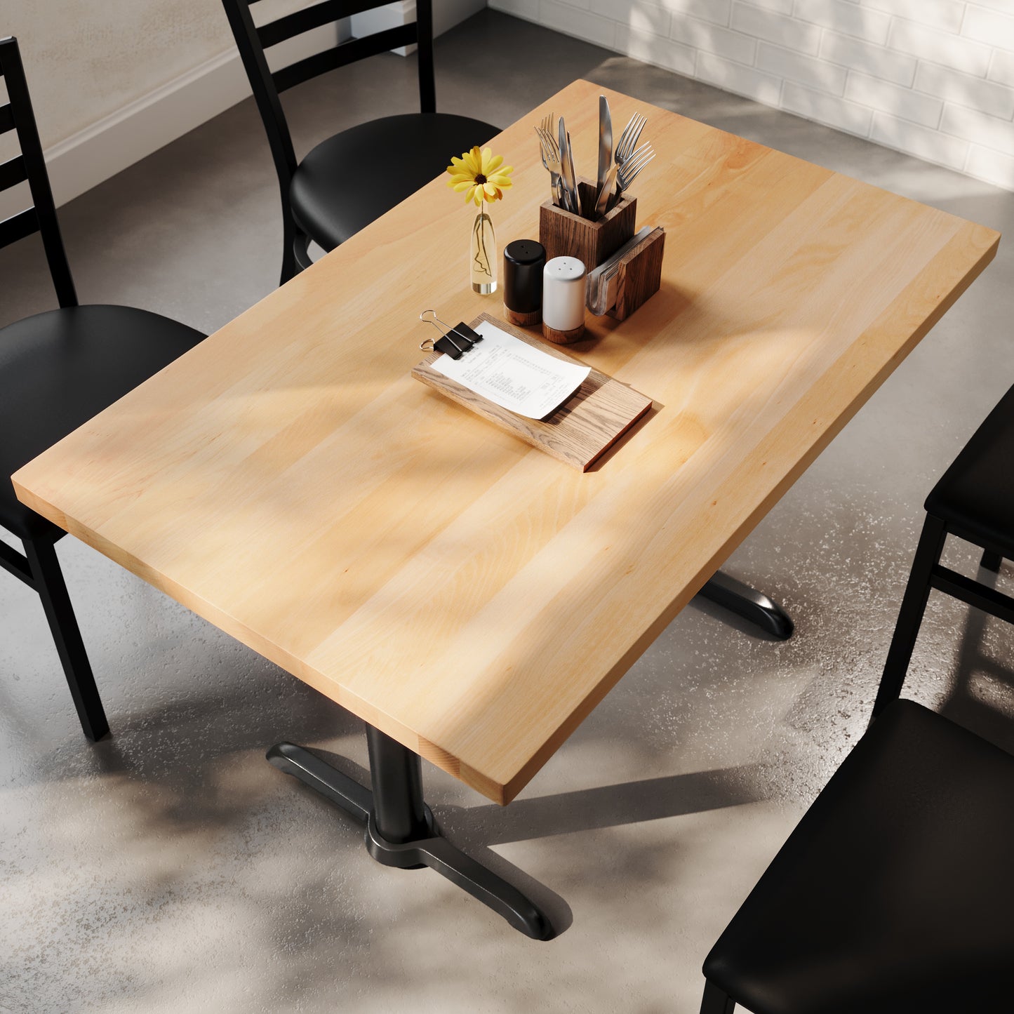 Bennett 30" x 48" Solid Wood Commercial Indoor Tabletop in Natural with Dual 5" x 22" Dining Height Rust-Resistant Black Cast Iron T-Bases Natural Top/Black Base