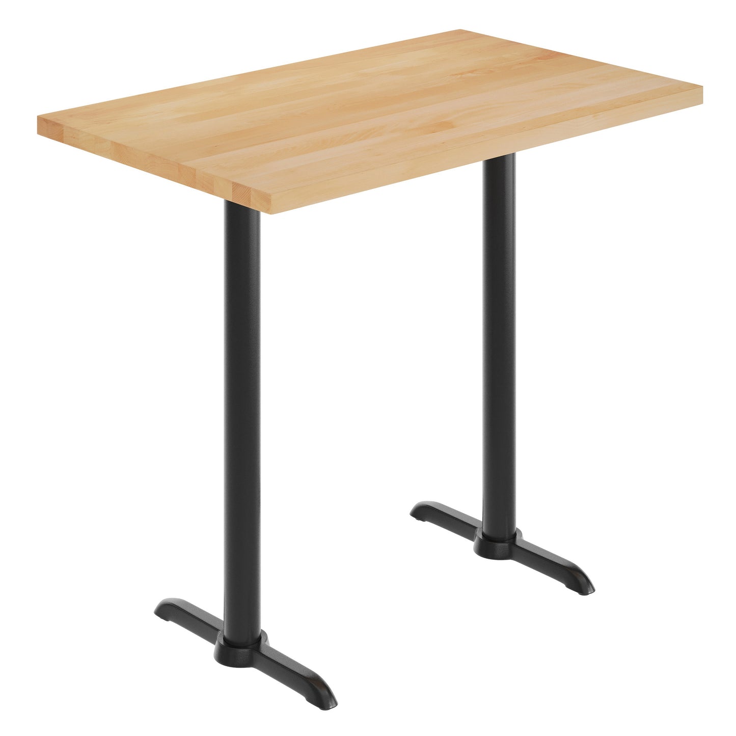 Bennett 30" x 48" Solid Wood Commercial Indoor Tabletop in Natural with Dual 5" x 22" Bar Height Rust-Resistant Black Cast Iron T-Bases Natural Top/Black Base