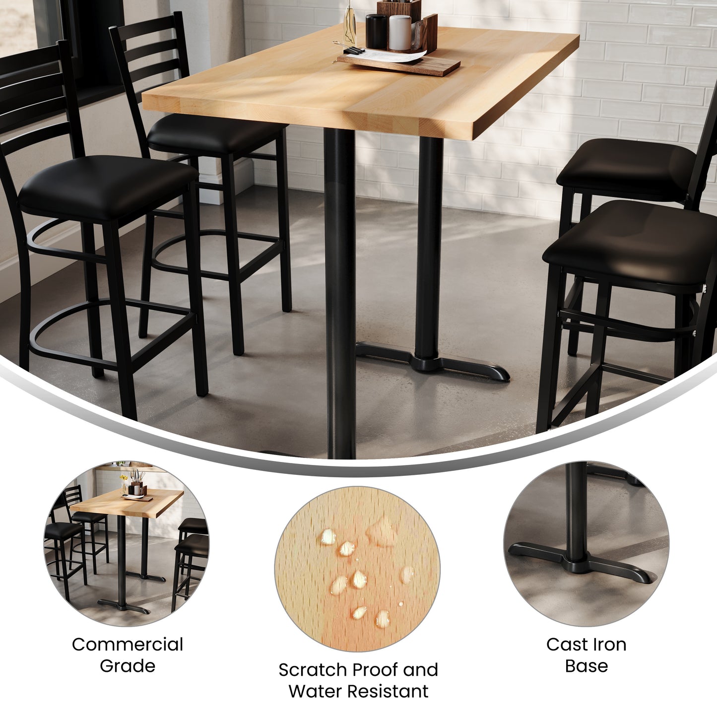 Bennett 30" x 48" Solid Wood Commercial Indoor Tabletop in Natural with Dual 5" x 22" Bar Height Rust-Resistant Black Cast Iron T-Bases Natural Top/Black Base