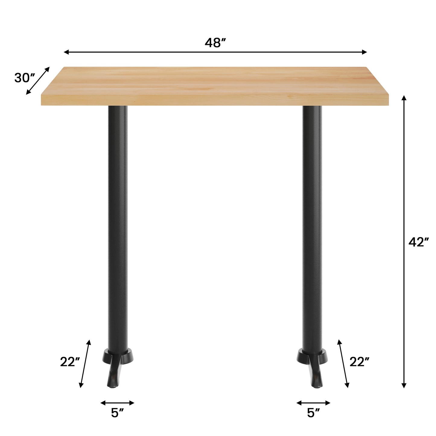 Bennett 30" x 48" Solid Wood Commercial Indoor Tabletop in Natural with Dual 5" x 22" Bar Height Rust-Resistant Black Cast Iron T-Bases Natural Top/Black Base