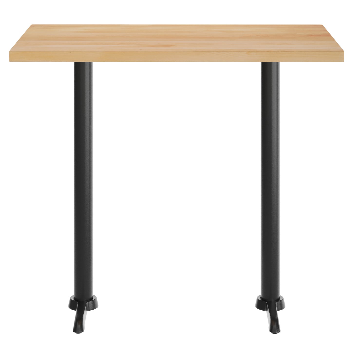 Bennett 30" x 48" Solid Wood Commercial Indoor Tabletop in Natural with Dual 5" x 22" Bar Height Rust-Resistant Black Cast Iron T-Bases Natural Top/Black Base
