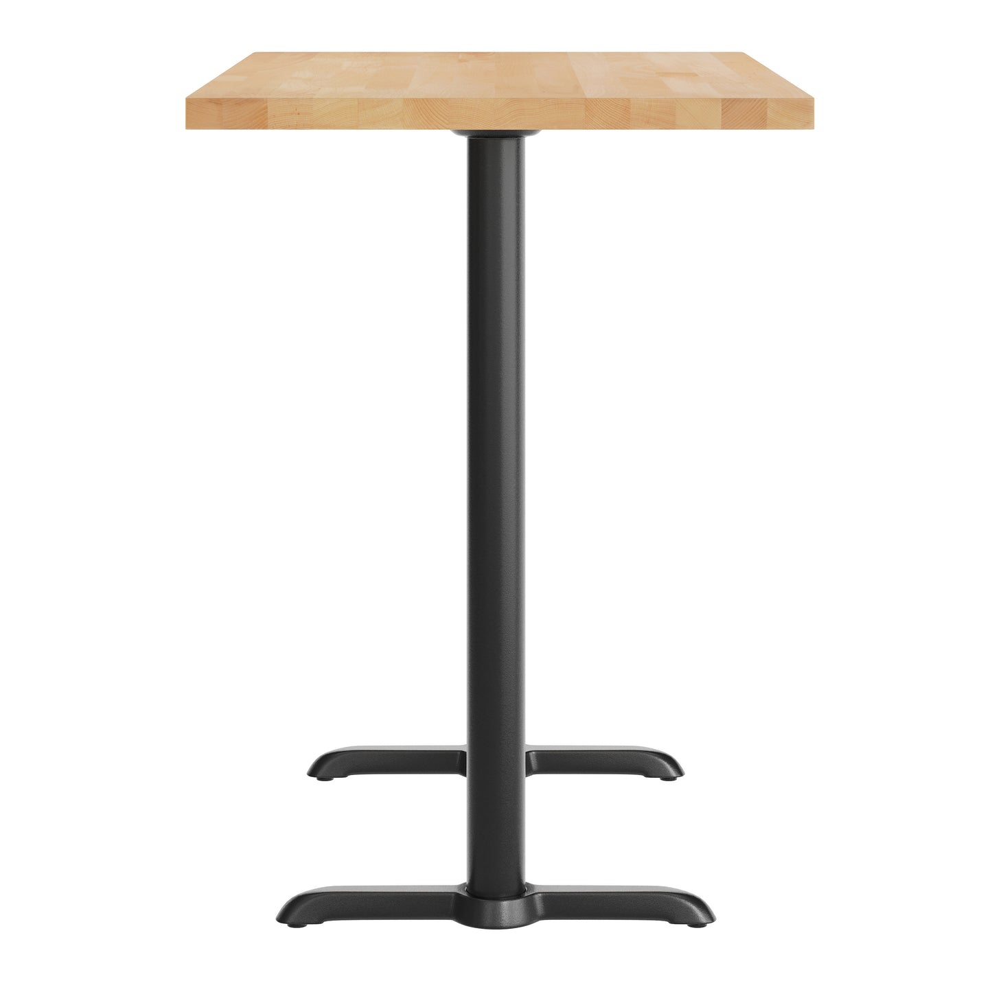 Bennett 30" x 48" Solid Wood Commercial Indoor Tabletop in Natural with Dual 5" x 22" Bar Height Rust-Resistant Black Cast Iron T-Bases Natural Top/Black Base