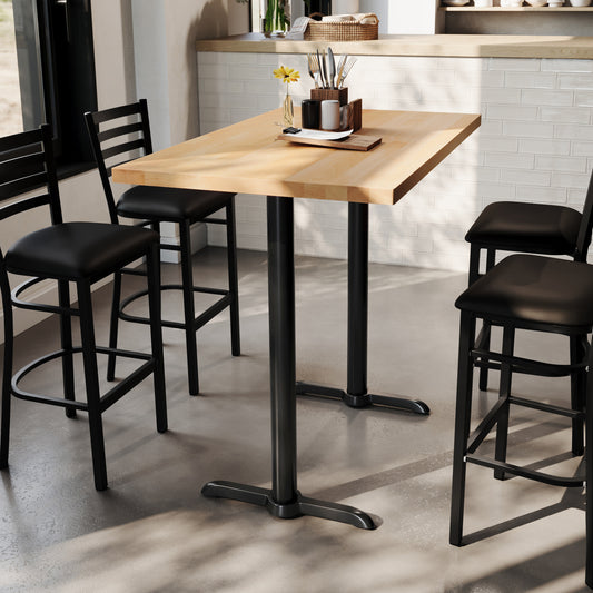 Bennett 30" x 48" Solid Wood Commercial Indoor Tabletop in Natural with Dual 5" x 22" Bar Height Rust-Resistant Black Cast Iron T-Bases Natural Top/Black Base