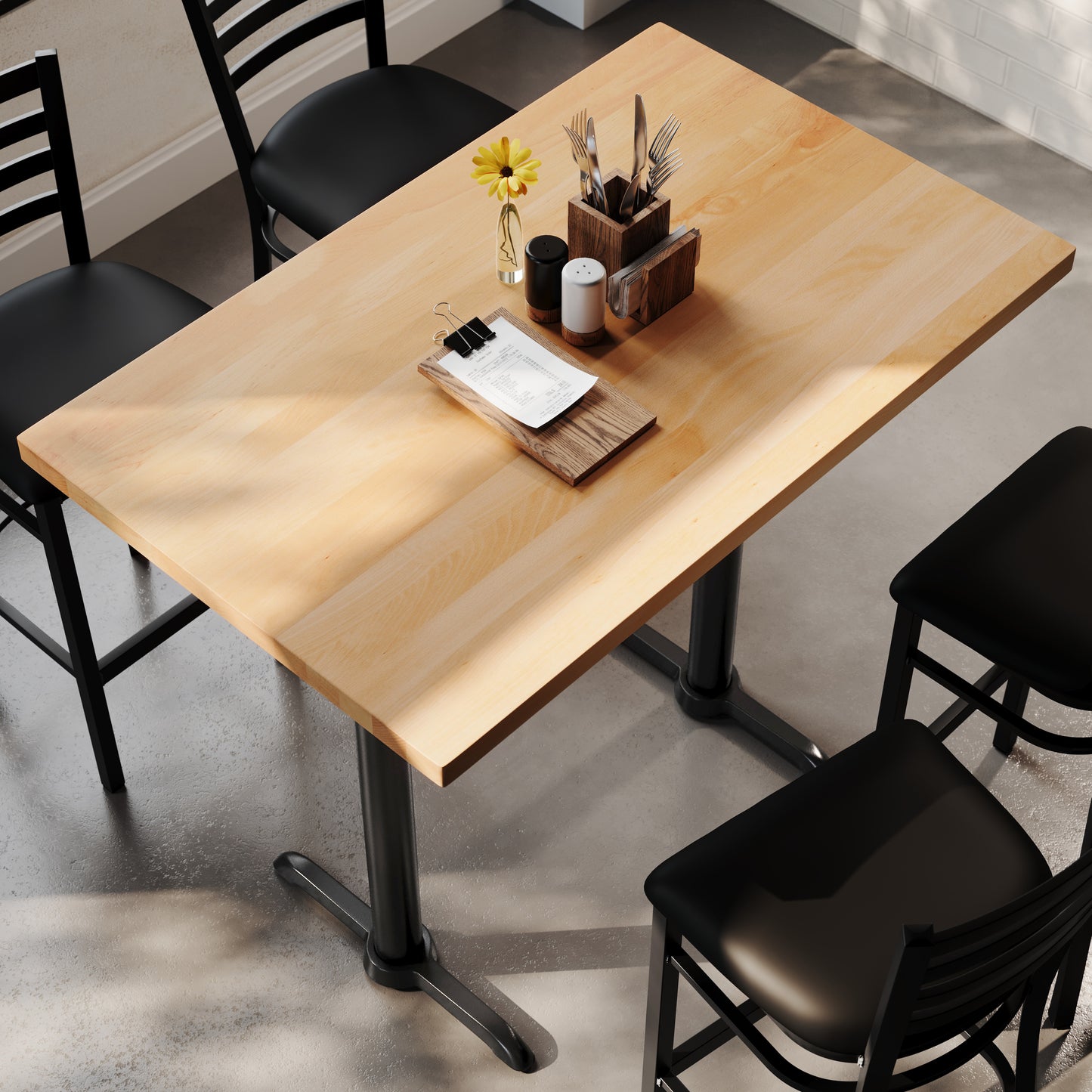 Bennett 30" x 48" Solid Wood Commercial Indoor Tabletop in Natural with Dual 5" x 22" Bar Height Rust-Resistant Black Cast Iron T-Bases Natural Top/Black Base