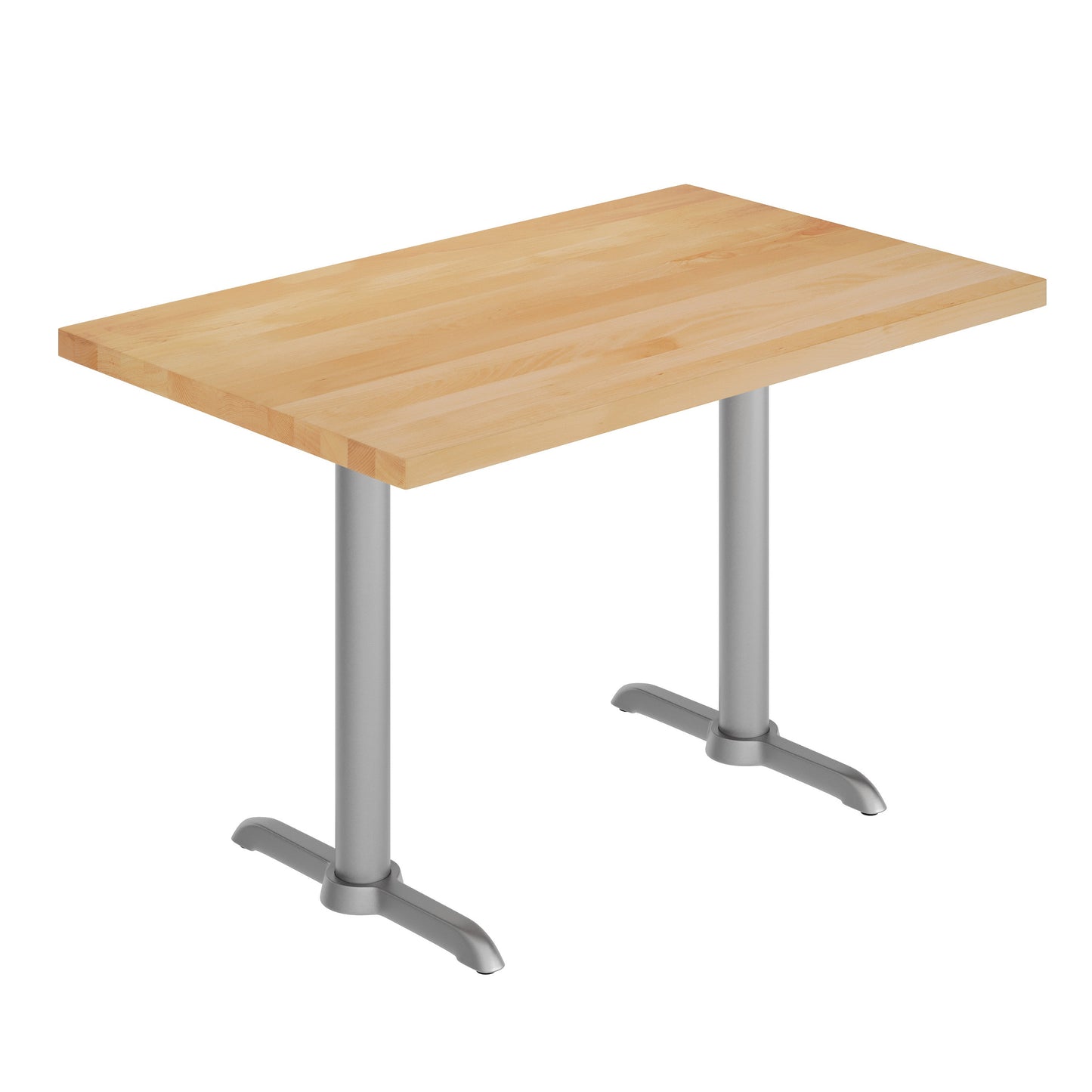 Bennett 30" x 48" Solid Wood Commercial Indoor Tabletop in Natural with Dual 5" x 22" Dining Height Rust-Resistant Silver Cast Iron T-Bases Natural Top/Silver Base