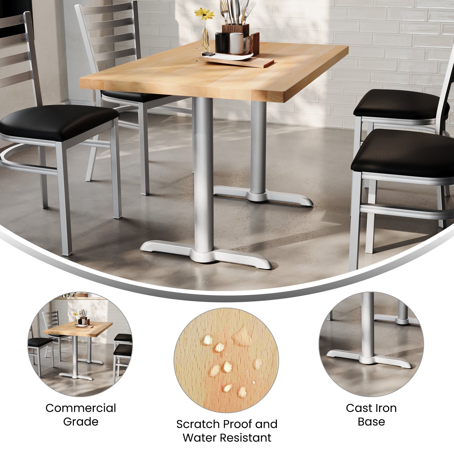 Bennett 30" x 48" Solid Wood Commercial Indoor Tabletop in Natural with Dual 5" x 22" Dining Height Rust-Resistant Silver Cast Iron T-Bases Natural Top/Silver Base