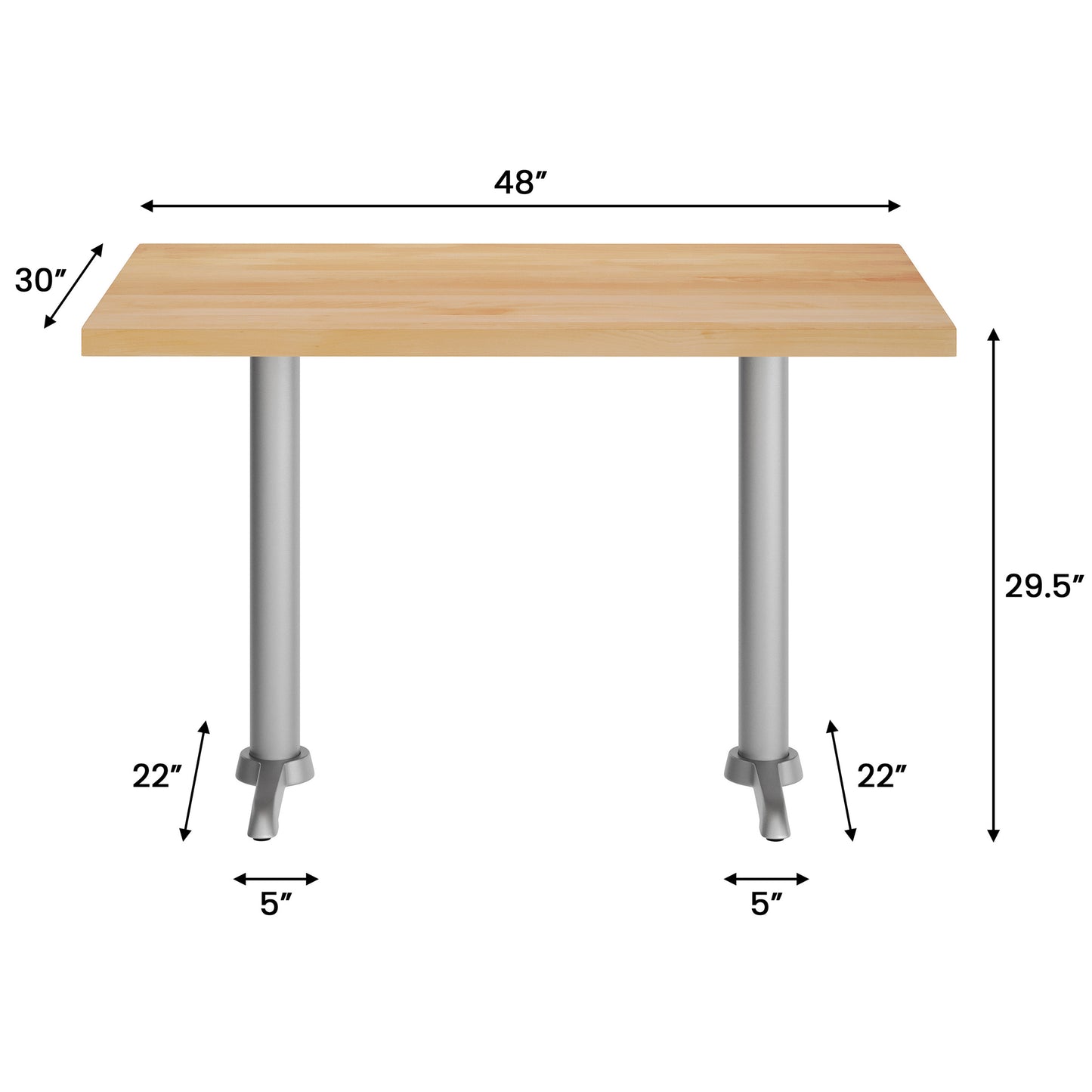 Bennett 30" x 48" Solid Wood Commercial Indoor Tabletop in Natural with Dual 5" x 22" Dining Height Rust-Resistant Silver Cast Iron T-Bases Natural Top/Silver Base