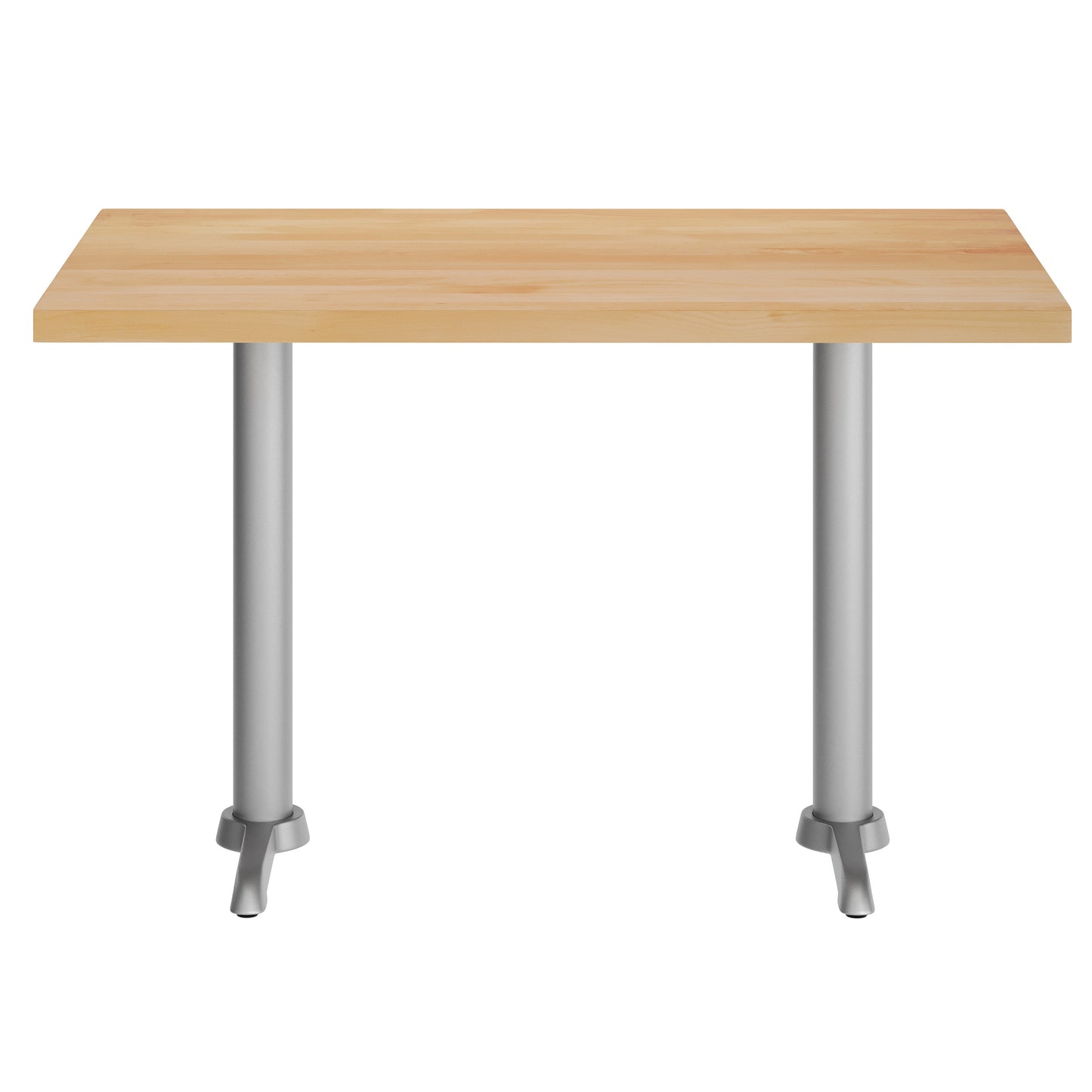 Bennett 30" x 48" Solid Wood Commercial Indoor Tabletop in Natural with Dual 5" x 22" Dining Height Rust-Resistant Silver Cast Iron T-Bases Natural Top/Silver Base