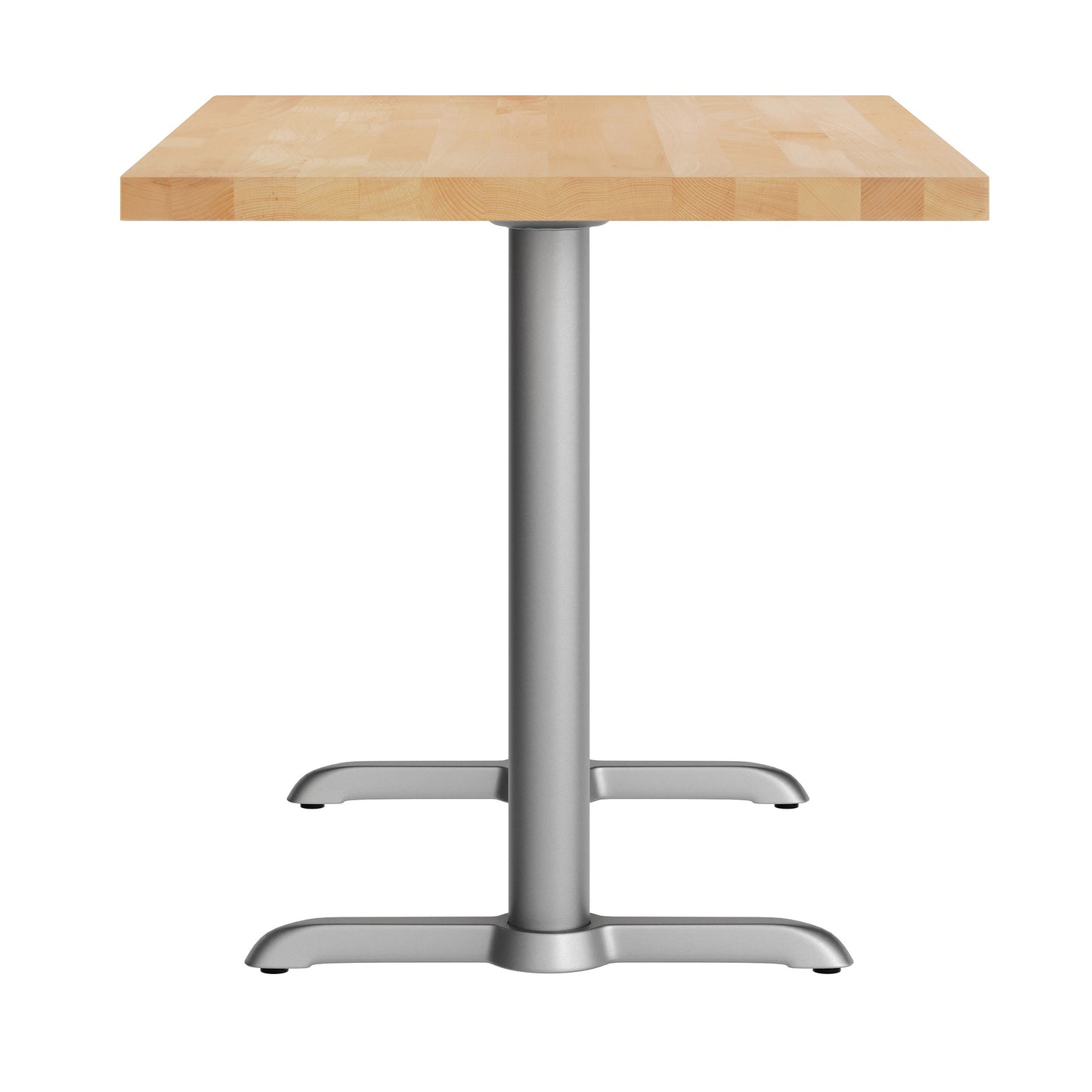 Bennett 30" x 48" Solid Wood Commercial Indoor Tabletop in Natural with Dual 5" x 22" Dining Height Rust-Resistant Silver Cast Iron T-Bases Natural Top/Silver Base