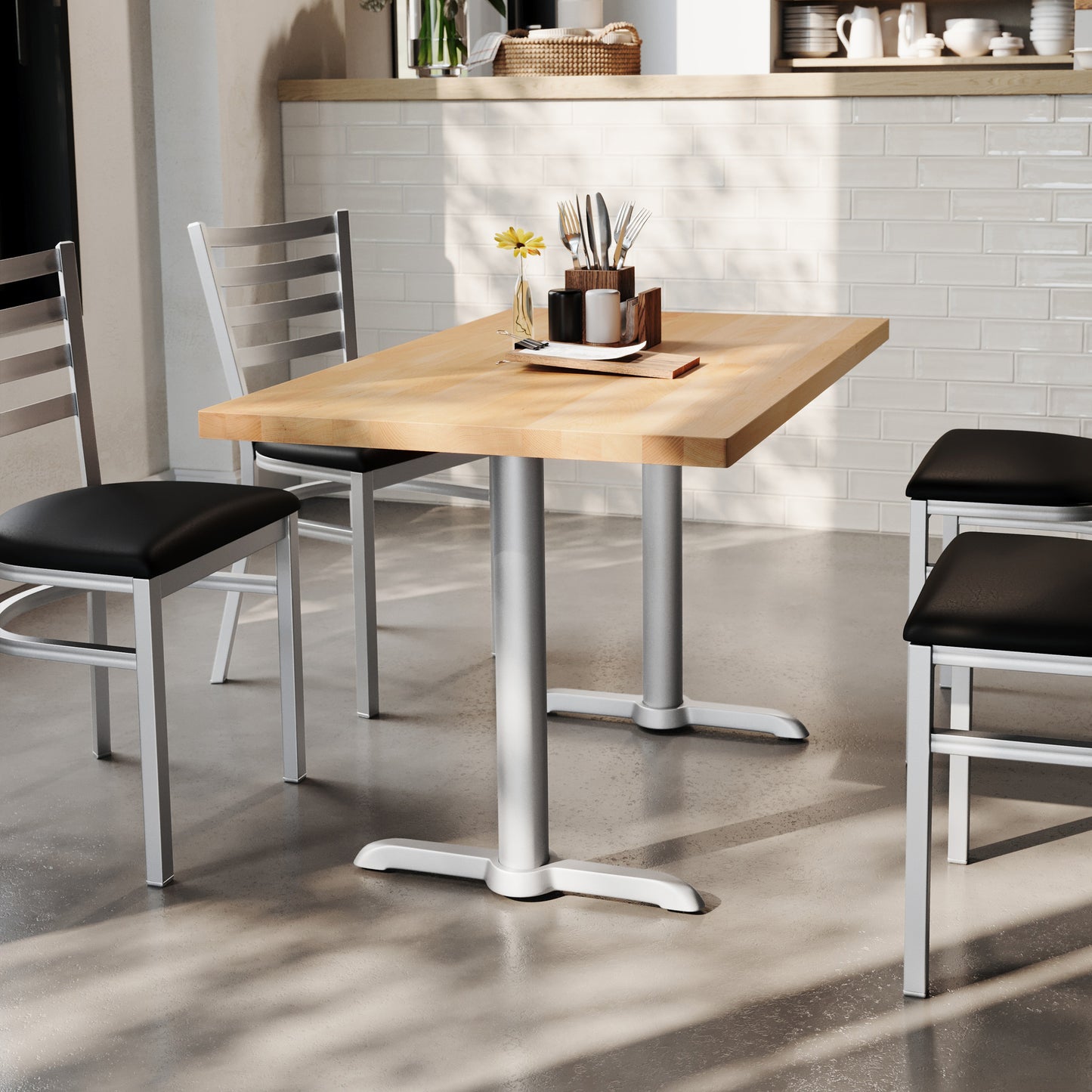 Bennett 30" x 48" Solid Wood Commercial Indoor Tabletop in Natural with Dual 5" x 22" Dining Height Rust-Resistant Silver Cast Iron T-Bases Natural Top/Silver Base