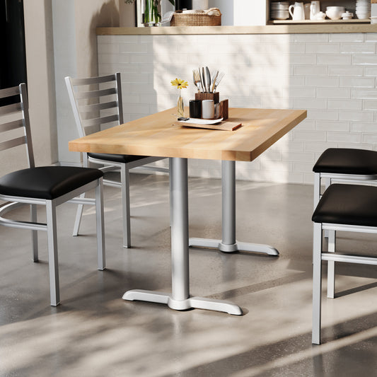 Bennett 30" x 48" Solid Wood Commercial Indoor Tabletop in Natural with Dual 5" x 22" Dining Height Rust-Resistant Silver Cast Iron T-Bases Natural Top/Silver Base