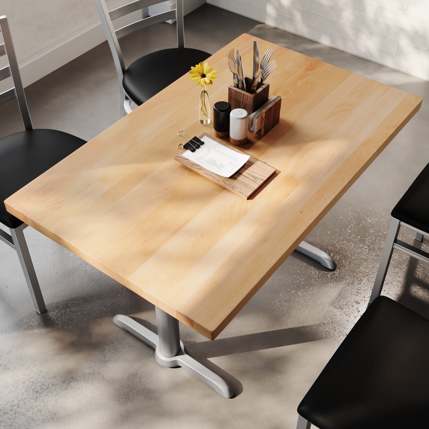Bennett 30" x 48" Solid Wood Commercial Indoor Tabletop in Natural with Dual 5" x 22" Dining Height Rust-Resistant Silver Cast Iron T-Bases Natural Top/Silver Base