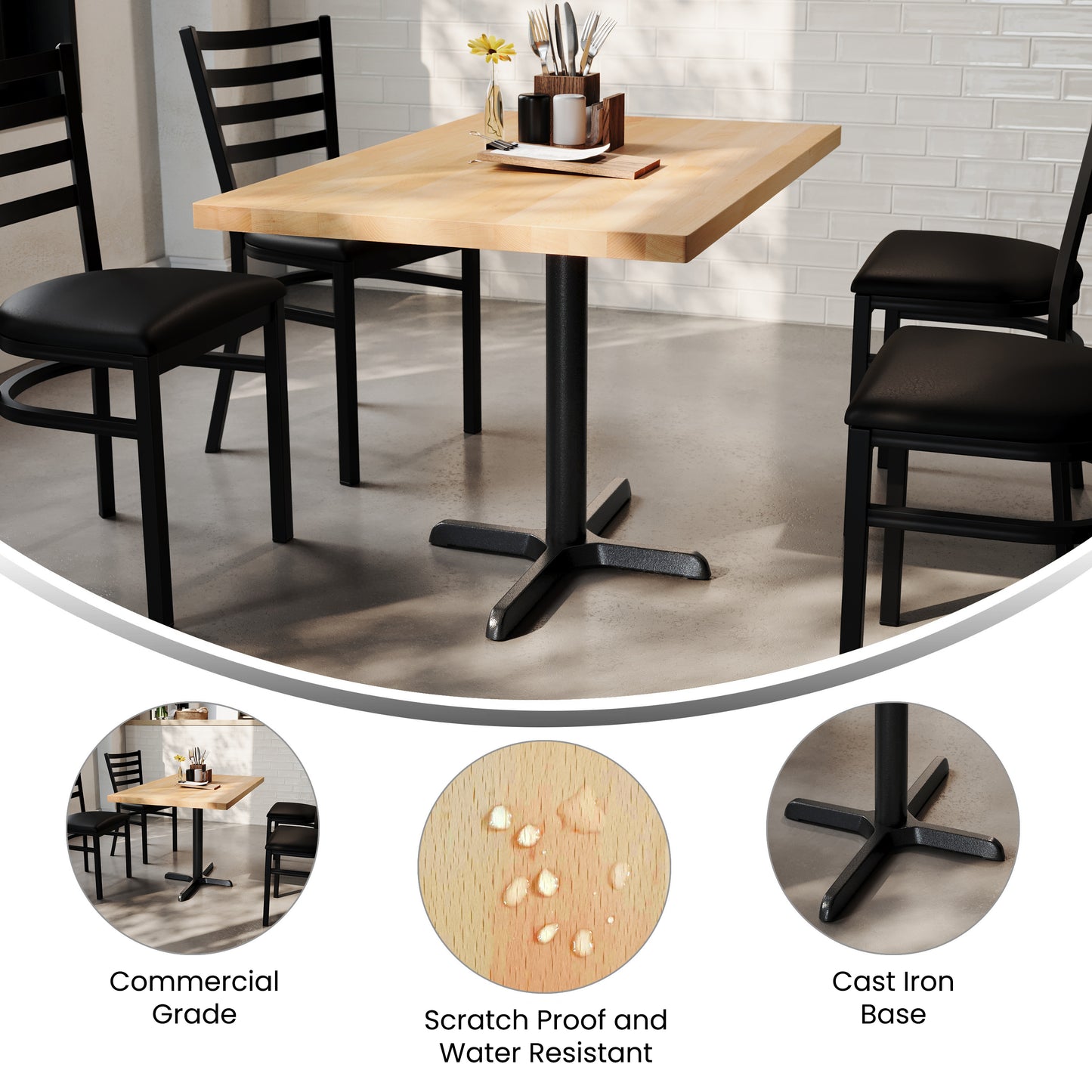 Bennett 30" x 48" Solid Wood Commercial Indoor Tabletop in Natural with 23.75" x 29.5" Dining Height Rust-Resistant Black Cast Iron X-Base Natural Top/Black Base