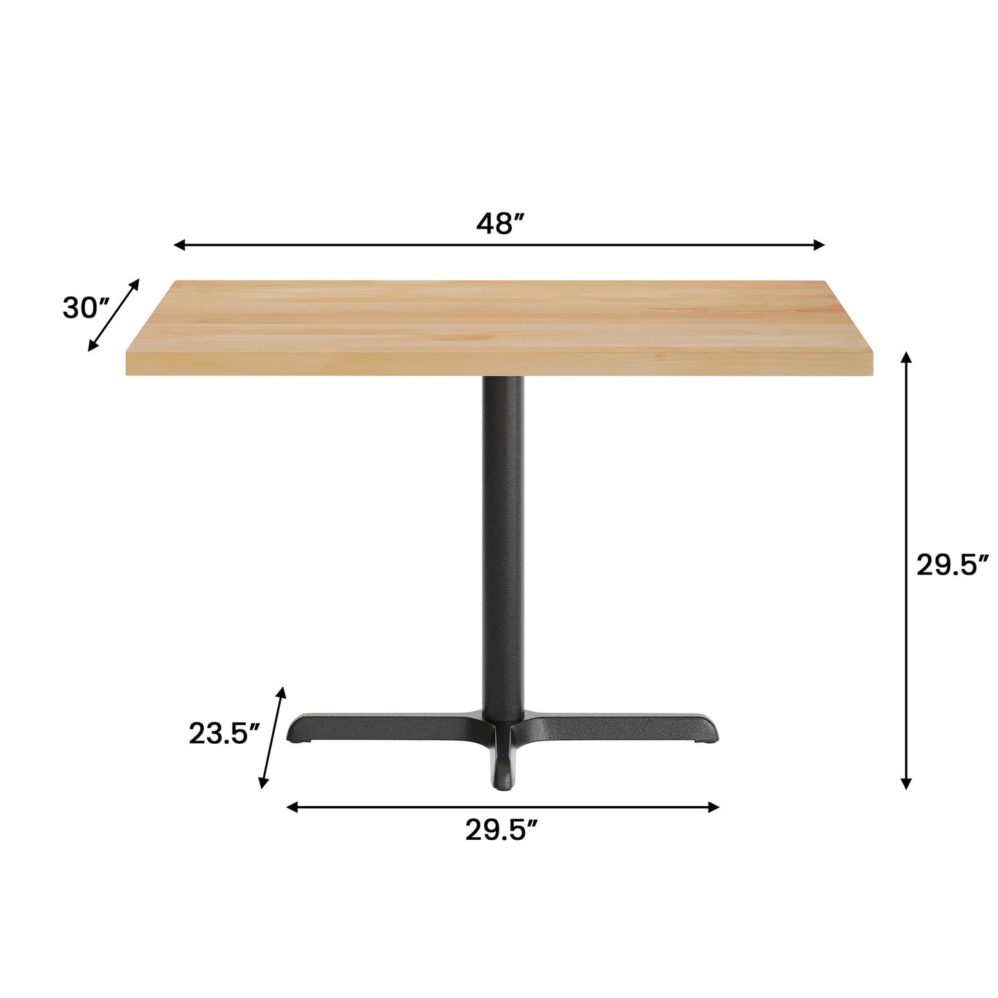Bennett 30" x 48" Solid Wood Commercial Indoor Tabletop in Natural with 23.75" x 29.5" Dining Height Rust-Resistant Black Cast Iron X-Base Natural Top/Black Base