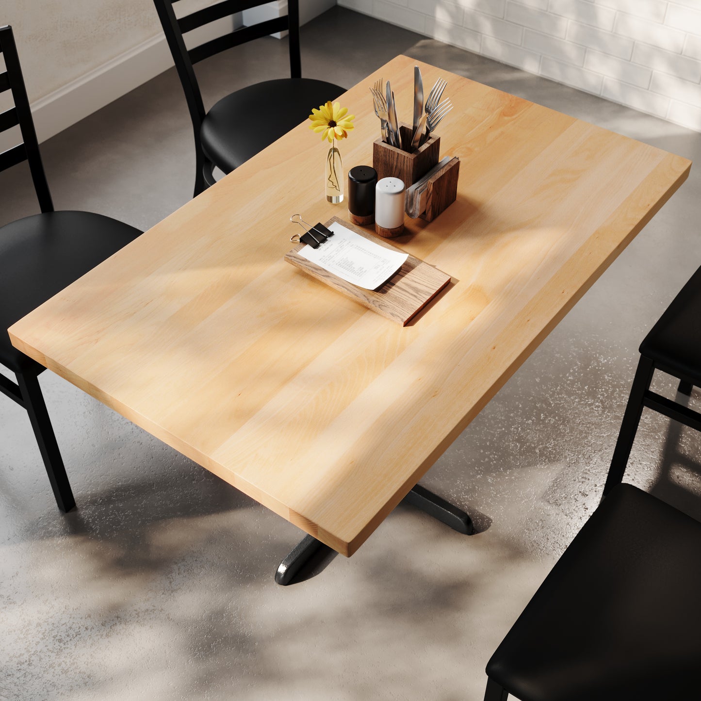 Bennett 30" x 48" Solid Wood Commercial Indoor Tabletop in Natural with 23.75" x 29.5" Dining Height Rust-Resistant Black Cast Iron X-Base Natural Top/Black Base