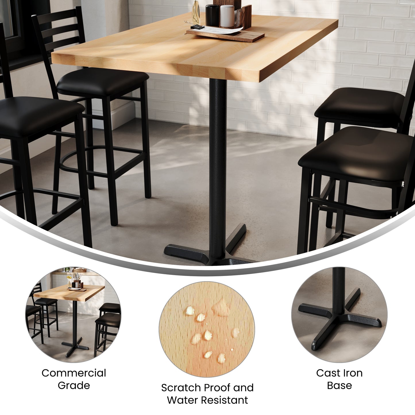 Bennett 30" x 48" Solid Wood Commercial Indoor Tabletop in Natural with 23.5" x 29.5" Bar Height Rust-Resistant Black Cast Iron X-Base Natural Top/Black Base