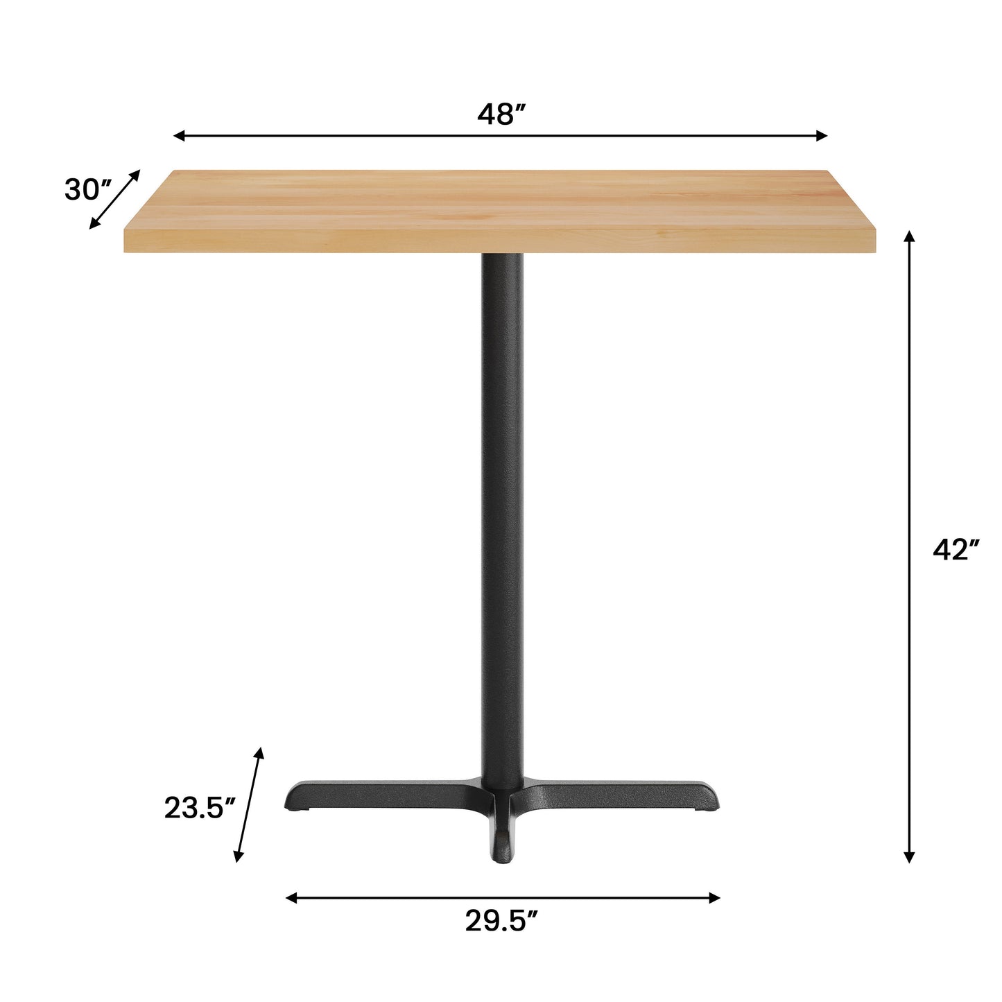 Bennett 30" x 48" Solid Wood Commercial Indoor Tabletop in Natural with 23.5" x 29.5" Bar Height Rust-Resistant Black Cast Iron X-Base Natural Top/Black Base
