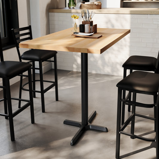 Bennett 30" x 48" Solid Wood Commercial Indoor Tabletop in Natural with 23.5" x 29.5" Bar Height Rust-Resistant Black Cast Iron X-Base Natural Top/Black Base