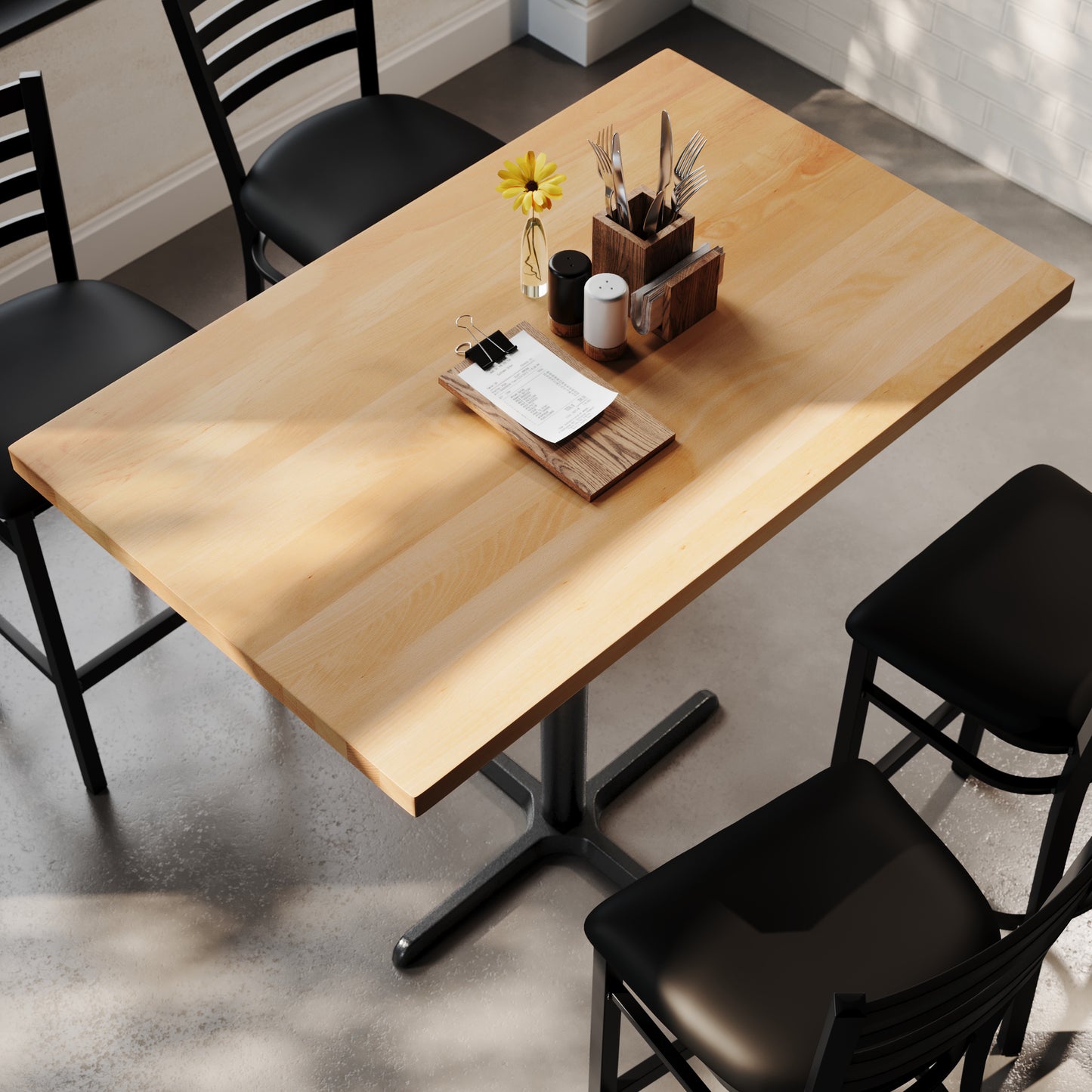 Bennett 30" x 48" Solid Wood Commercial Indoor Tabletop in Natural with 23.5" x 29.5" Bar Height Rust-Resistant Black Cast Iron X-Base Natural Top/Black Base