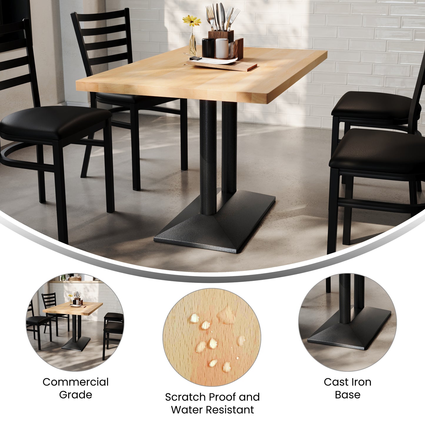 Bennett 30" x 48" Solid Wood Indoor Tabletop in Natural with 27" x 15" Black Double Column Dining Height Table Base Natural Top/Black Base