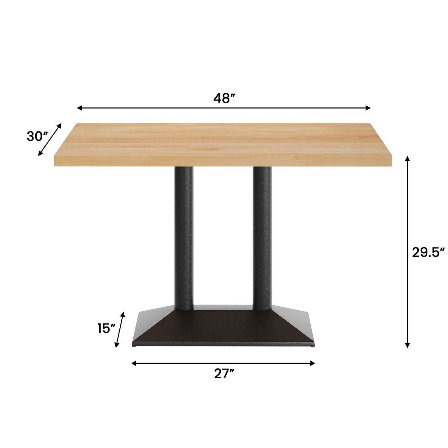Bennett 30" x 48" Solid Wood Indoor Tabletop in Natural with 27" x 15" Black Double Column Dining Height Table Base Natural Top/Black Base