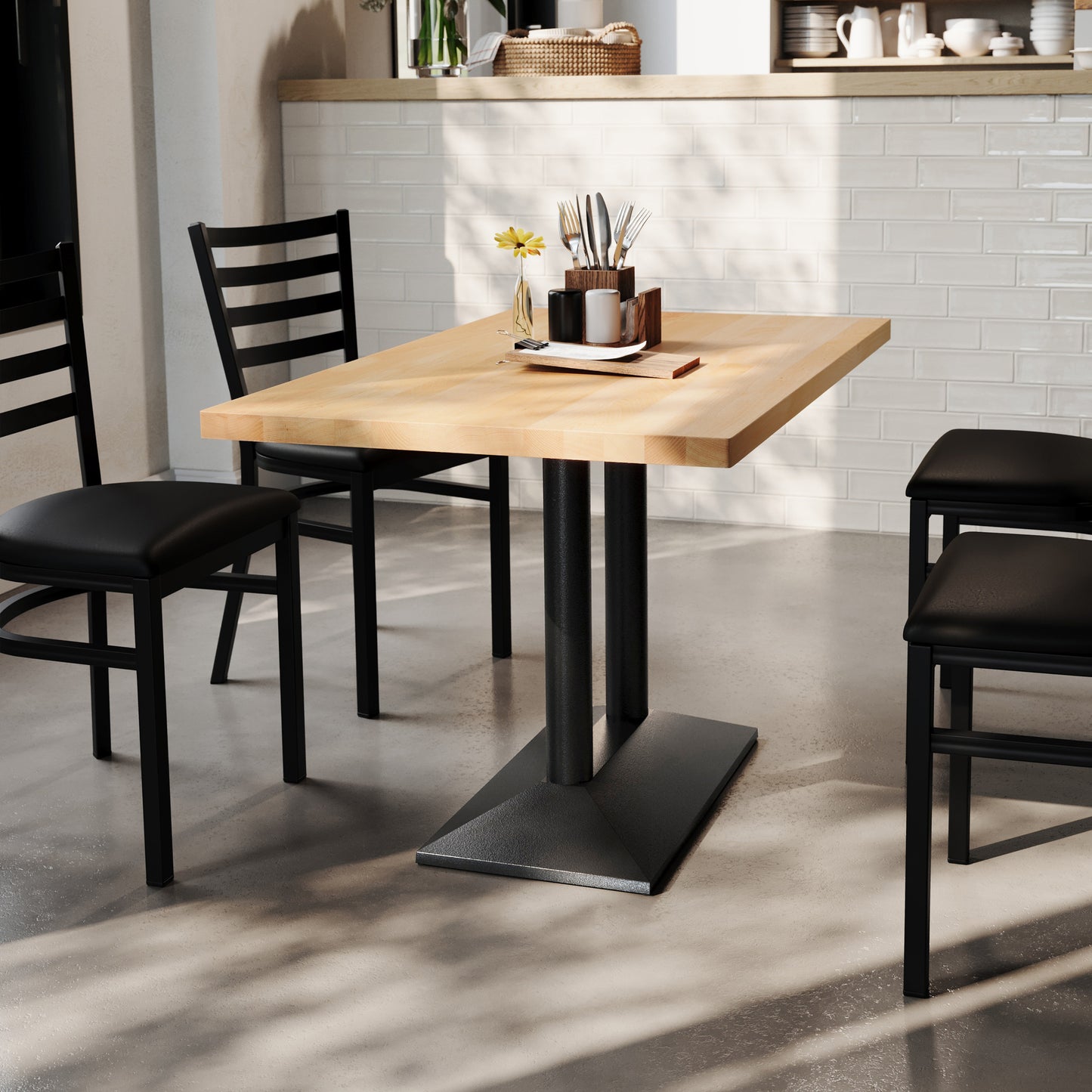 Bennett 30" x 48" Solid Wood Indoor Tabletop in Natural with 27" x 15" Black Double Column Dining Height Table Base Natural Top/Black Base