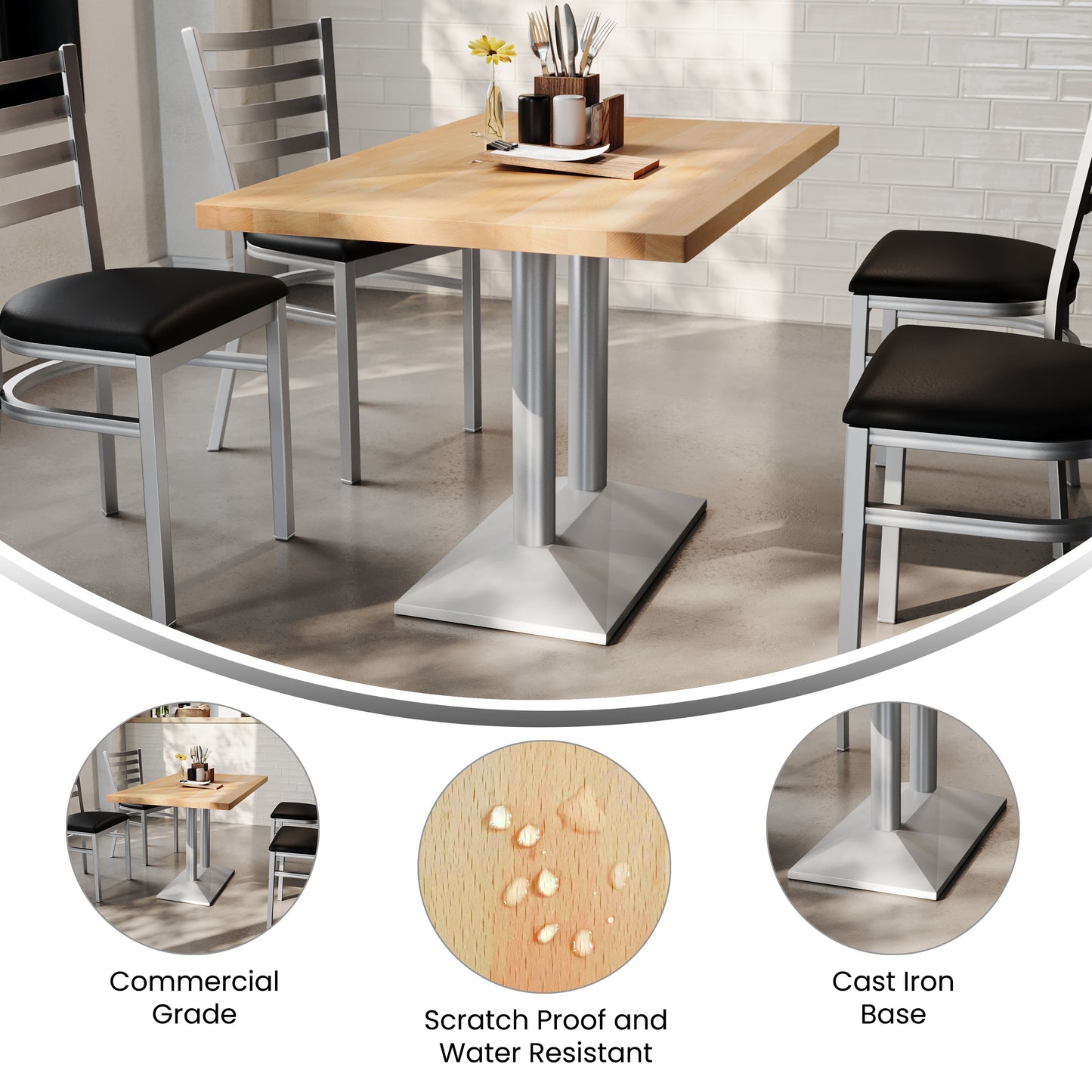Bennett 30" x 48" Solid Wood Indoor Tabletop in Natural with 27" x 15" Silver Double Column Dining Height Table Base Natural Top/Silver Base