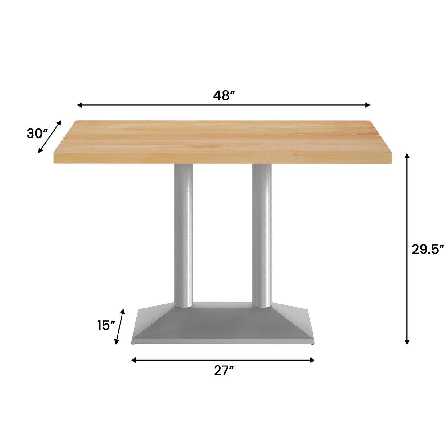 Bennett 30" x 48" Solid Wood Indoor Tabletop in Natural with 27" x 15" Silver Double Column Dining Height Table Base Natural Top/Silver Base