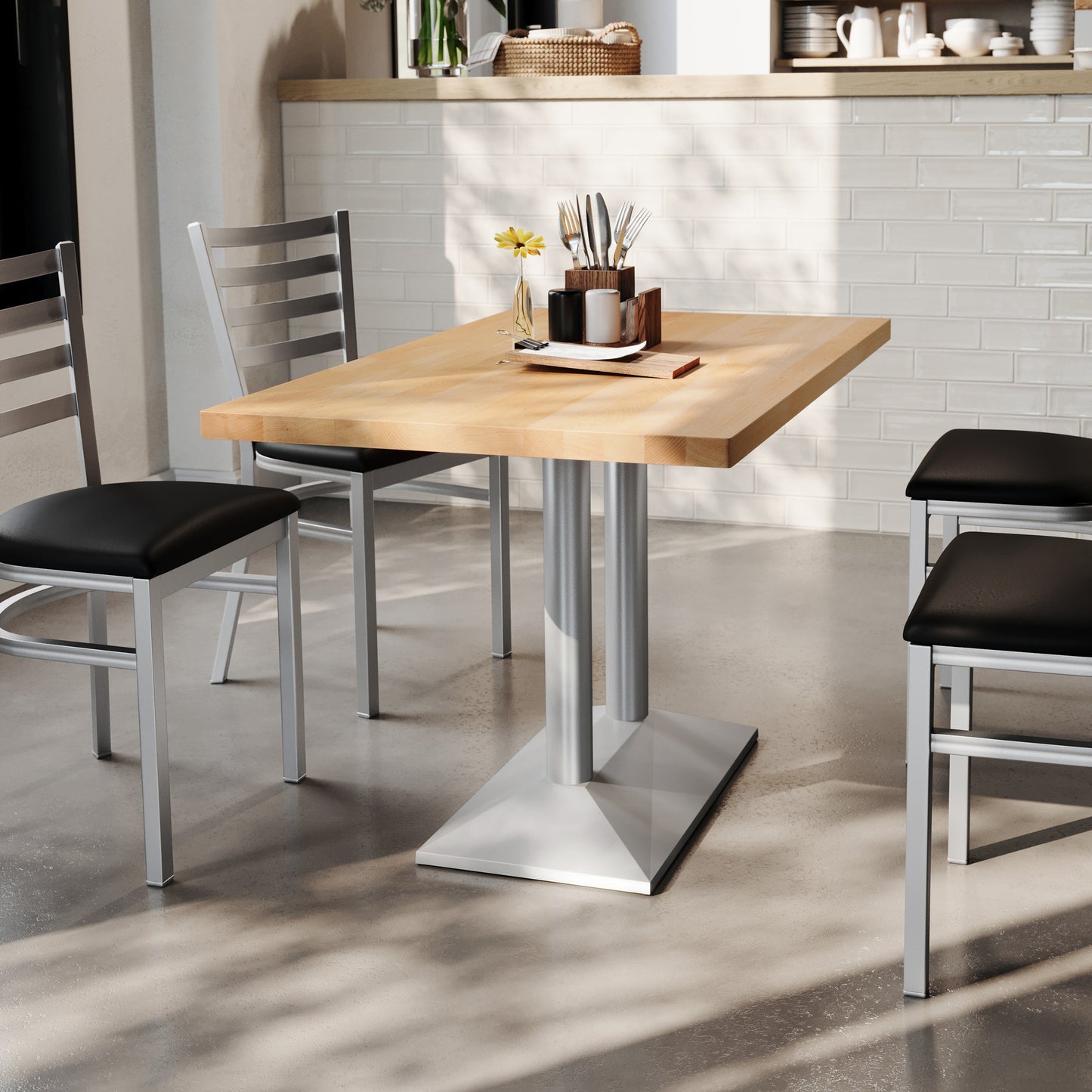 Bennett 30" x 48" Solid Wood Indoor Tabletop in Natural with 27" x 15" Silver Double Column Dining Height Table Base Natural Top/Silver Base