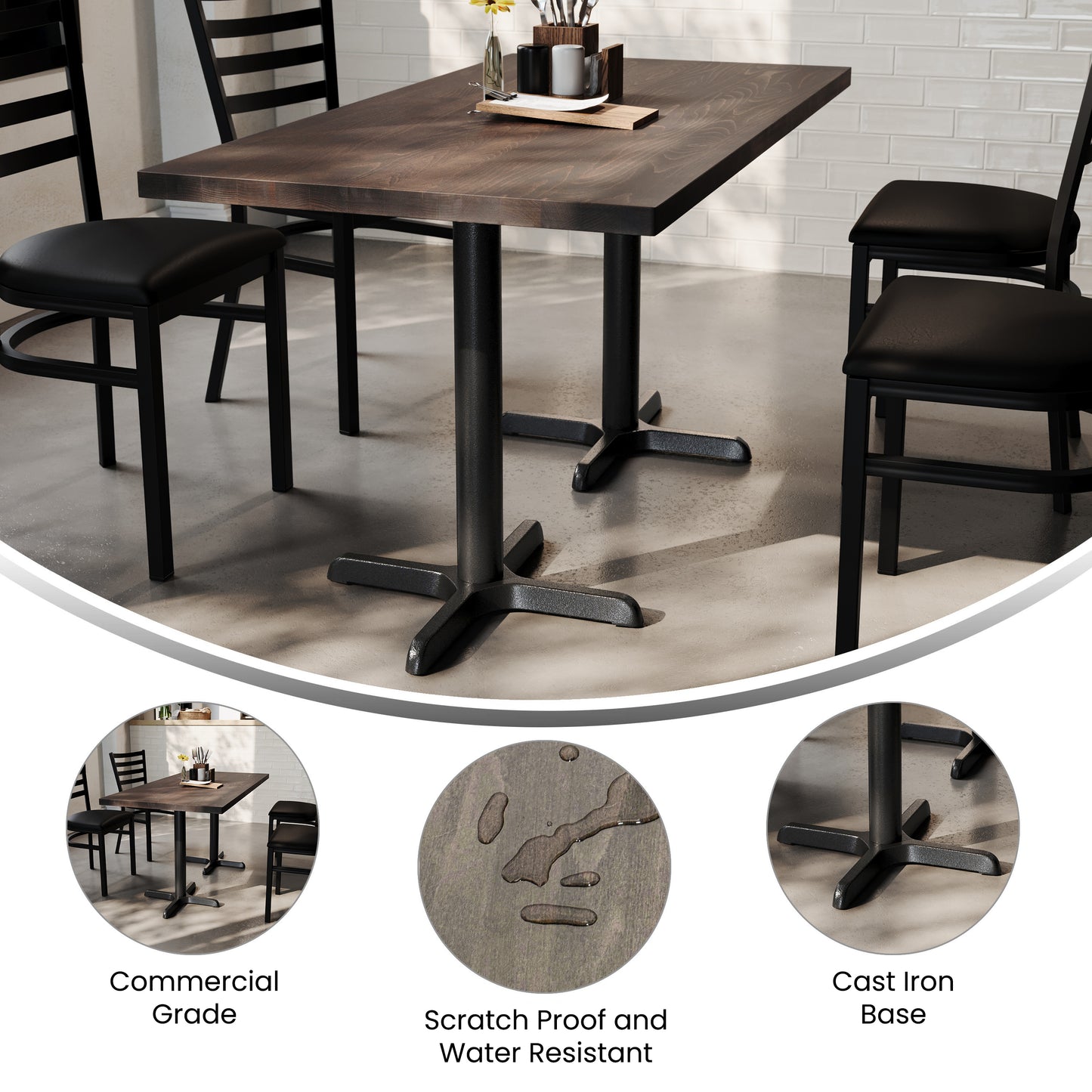 Bennett 30" x 60" Solid Wood Commercial Indoor Tabletop in Dark Brown with 22" x 22" Dining Height Rust-Resistant Black Cast Iron X-Base Dark Brown Top/Black Base