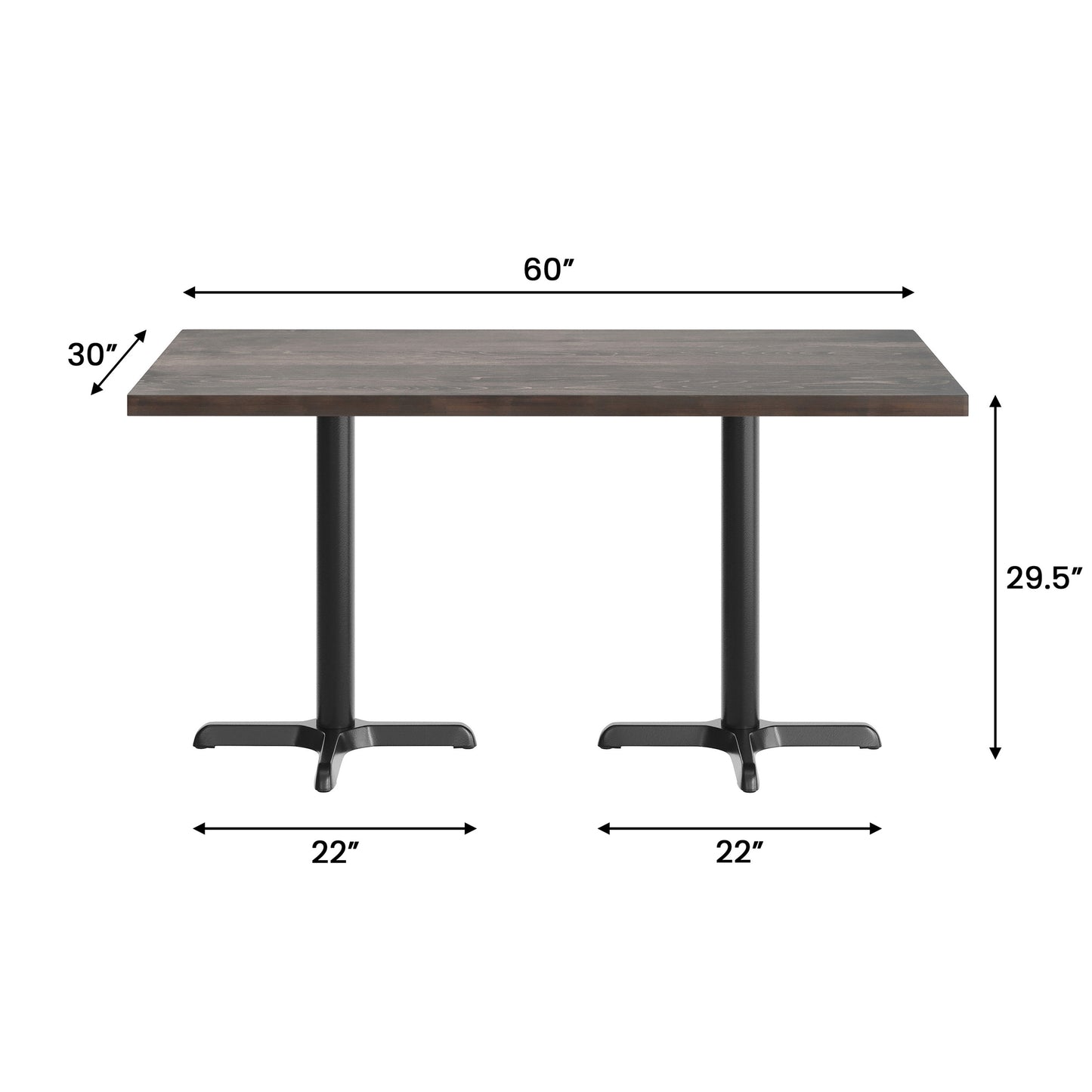 Bennett 30" x 60" Solid Wood Commercial Indoor Tabletop in Dark Brown with 22" x 22" Dining Height Rust-Resistant Black Cast Iron X-Base Dark Brown Top/Black Base