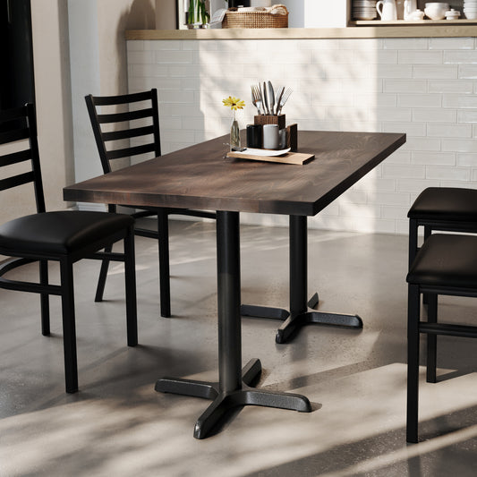 Bennett 30" x 60" Solid Wood Commercial Indoor Tabletop in Dark Brown with 22" x 22" Dining Height Rust-Resistant Black Cast Iron X-Base Dark Brown Top/Black Base