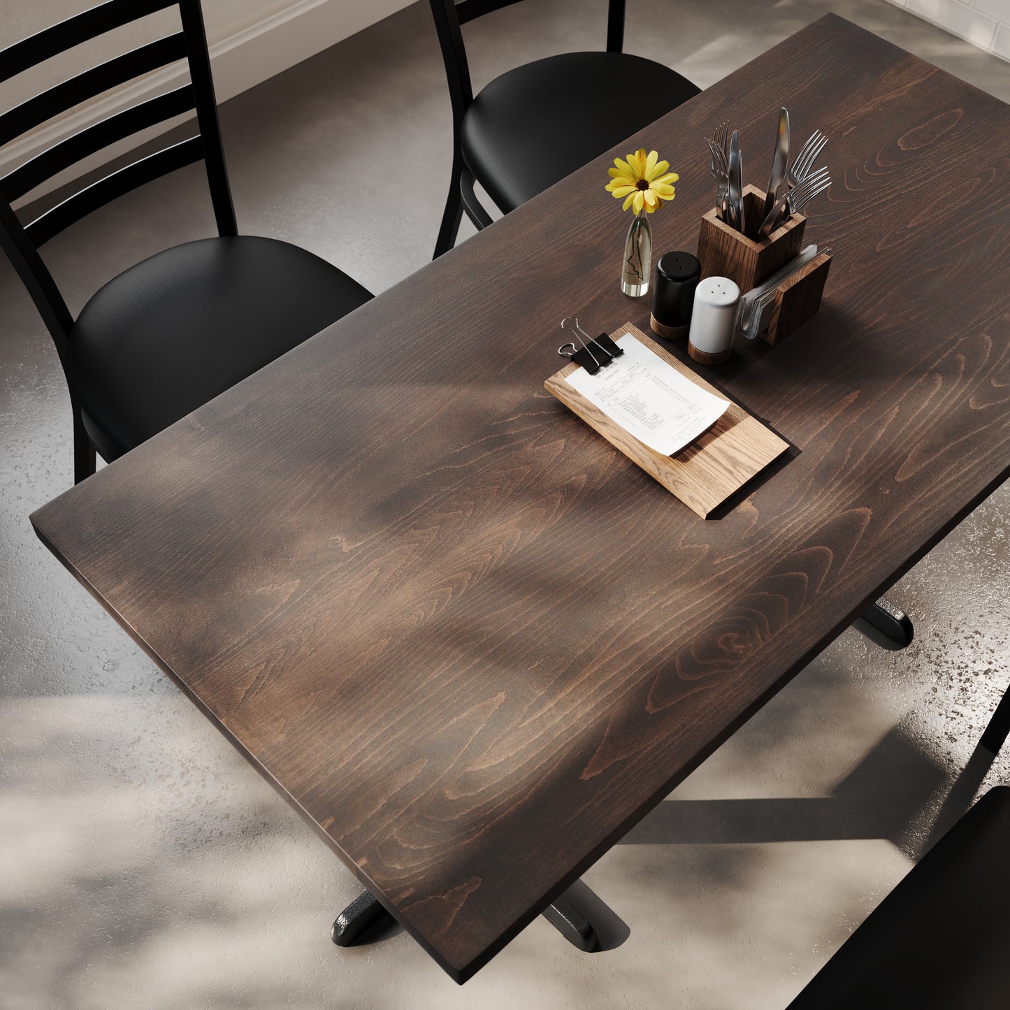 Bennett 30" x 60" Solid Wood Commercial Indoor Tabletop in Dark Brown with 22" x 22" Dining Height Rust-Resistant Black Cast Iron X-Base Dark Brown Top/Black Base