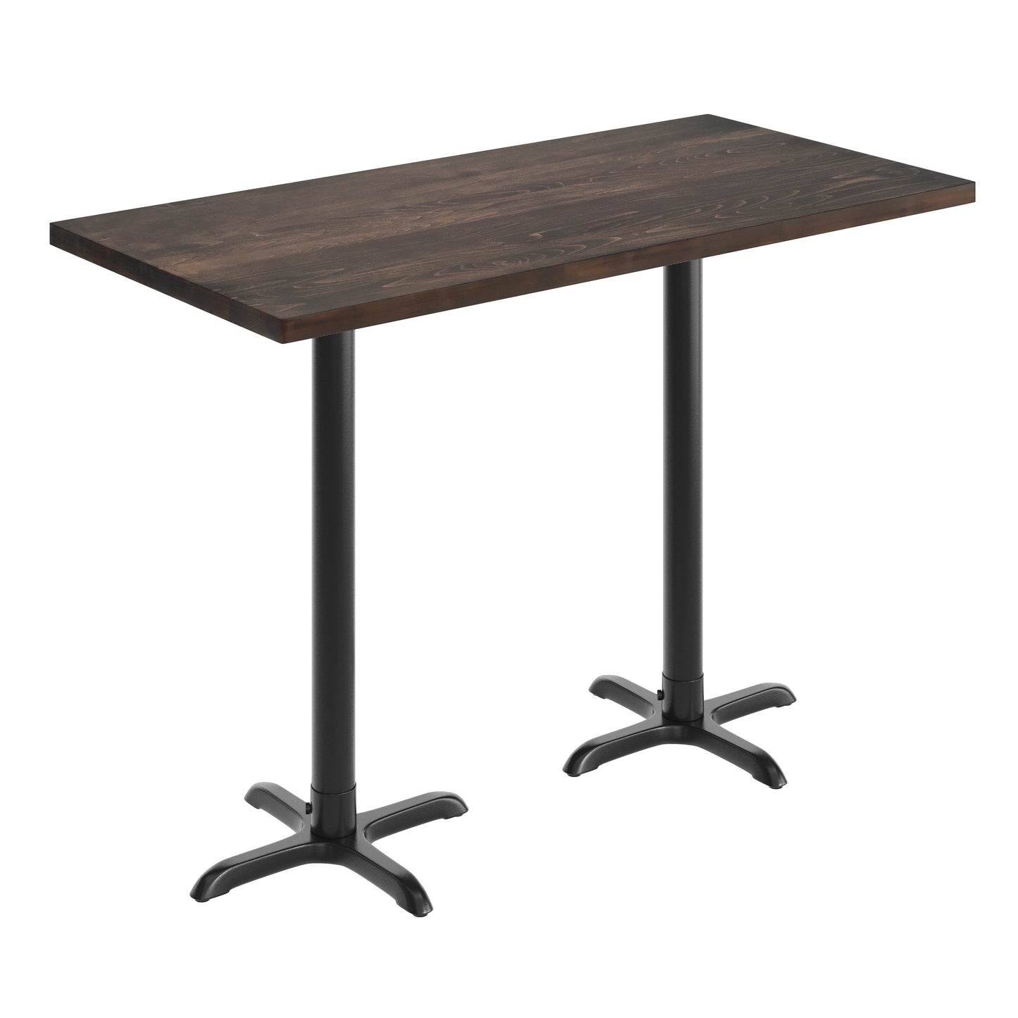 Bennett 30" x 60" Solid Wood Commercial Indoor Tabletop in Dark Brown with 22" x 22" Bar Height Rust-Resistant Black Cast Iron X-Base Dark Brown Top/Black Base