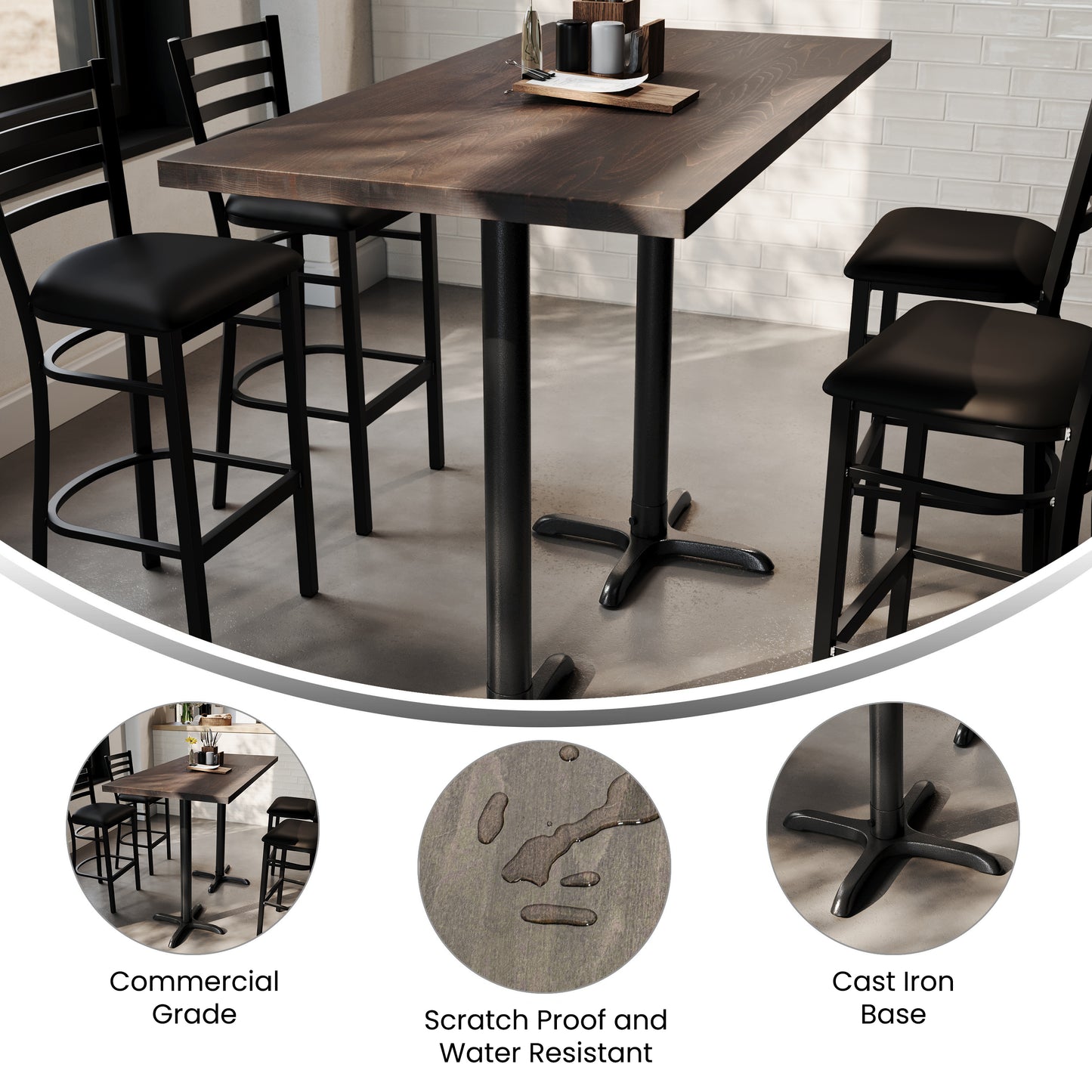 Bennett 30" x 60" Solid Wood Commercial Indoor Tabletop in Dark Brown with 22" x 22" Bar Height Rust-Resistant Black Cast Iron X-Base Dark Brown Top/Black Base